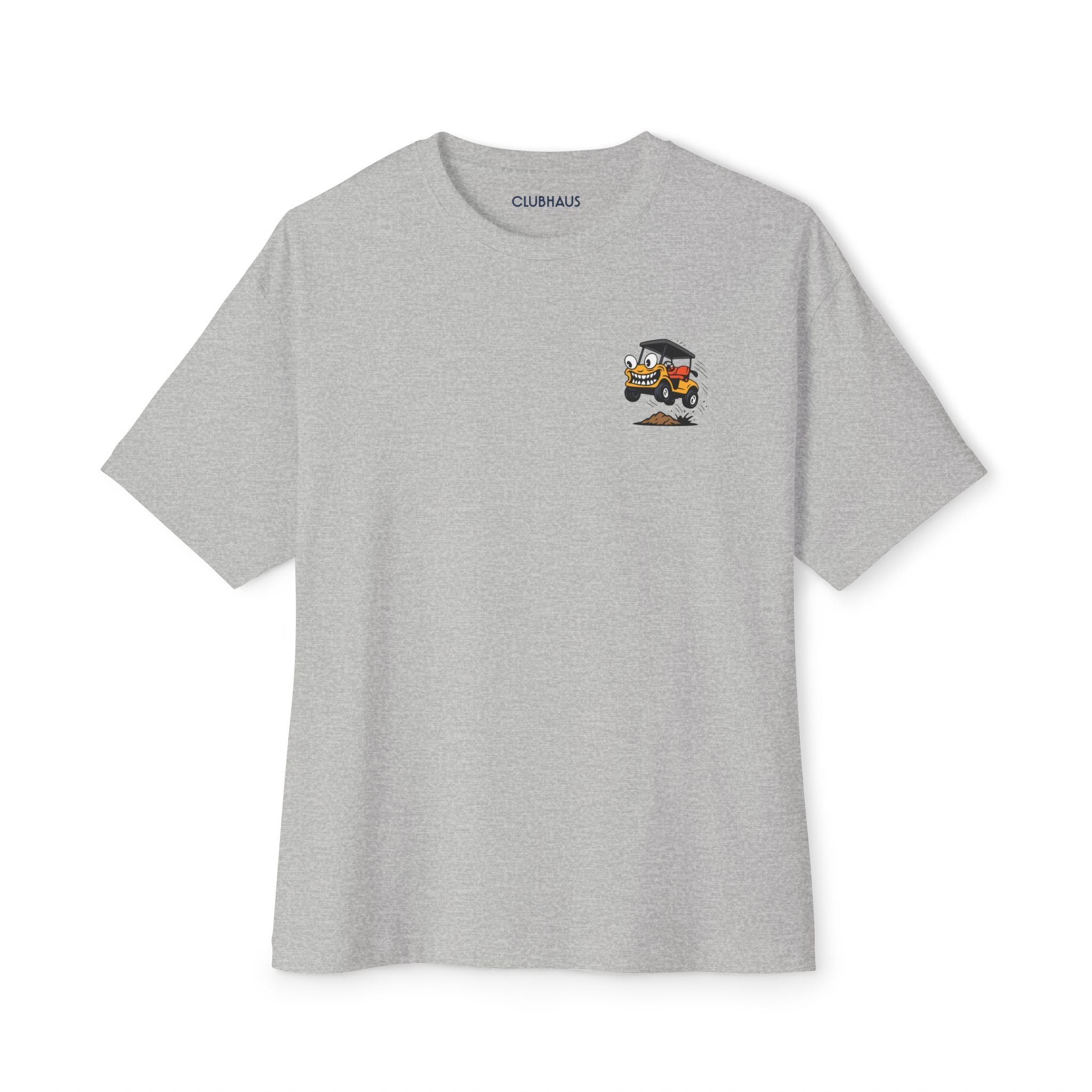 Gray t-shirt with a small graphic on the chest against a white background