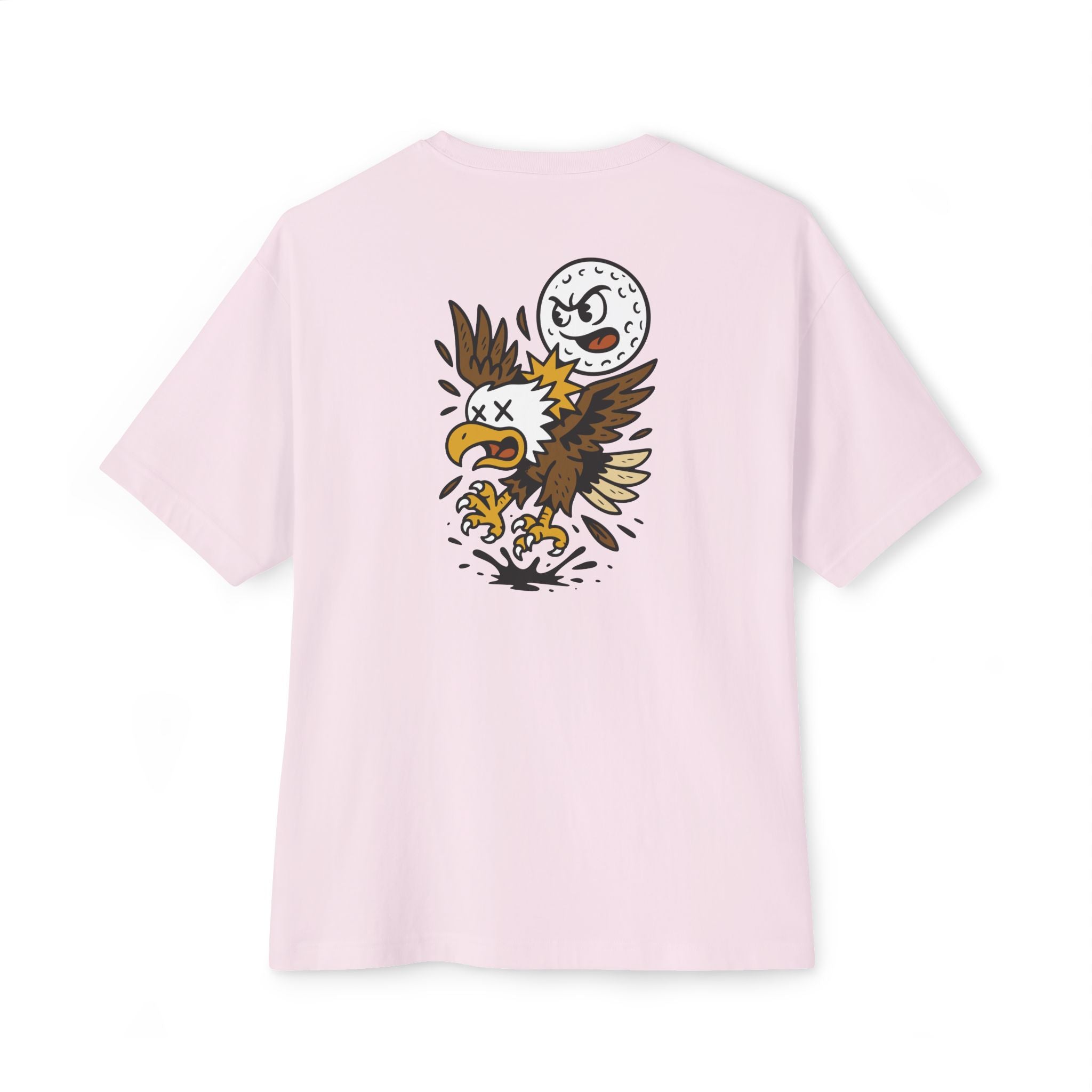 Pink t-shirt with a graphic design of an eagle and a moon on the back, on a white background.
