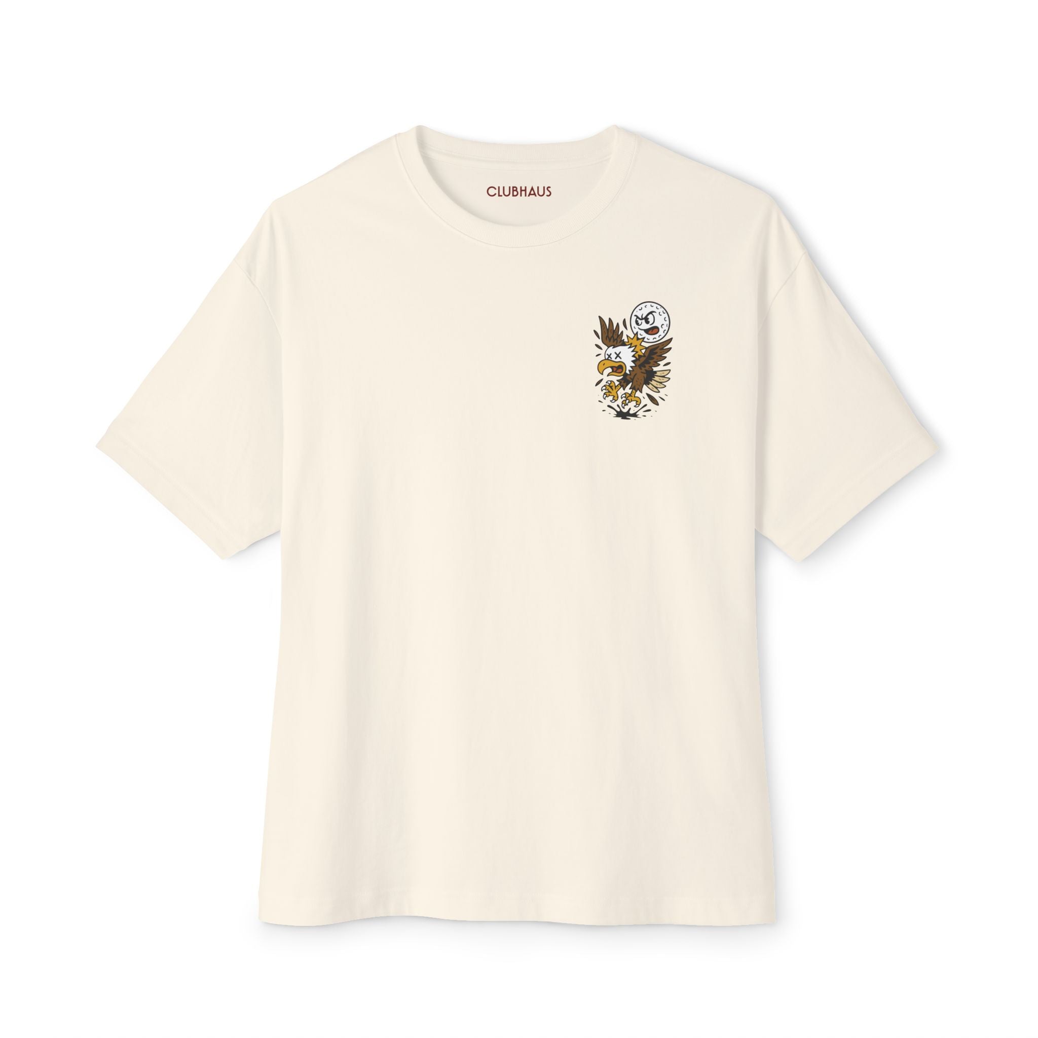Beige t-shirt with a logo on the chest against a white background
