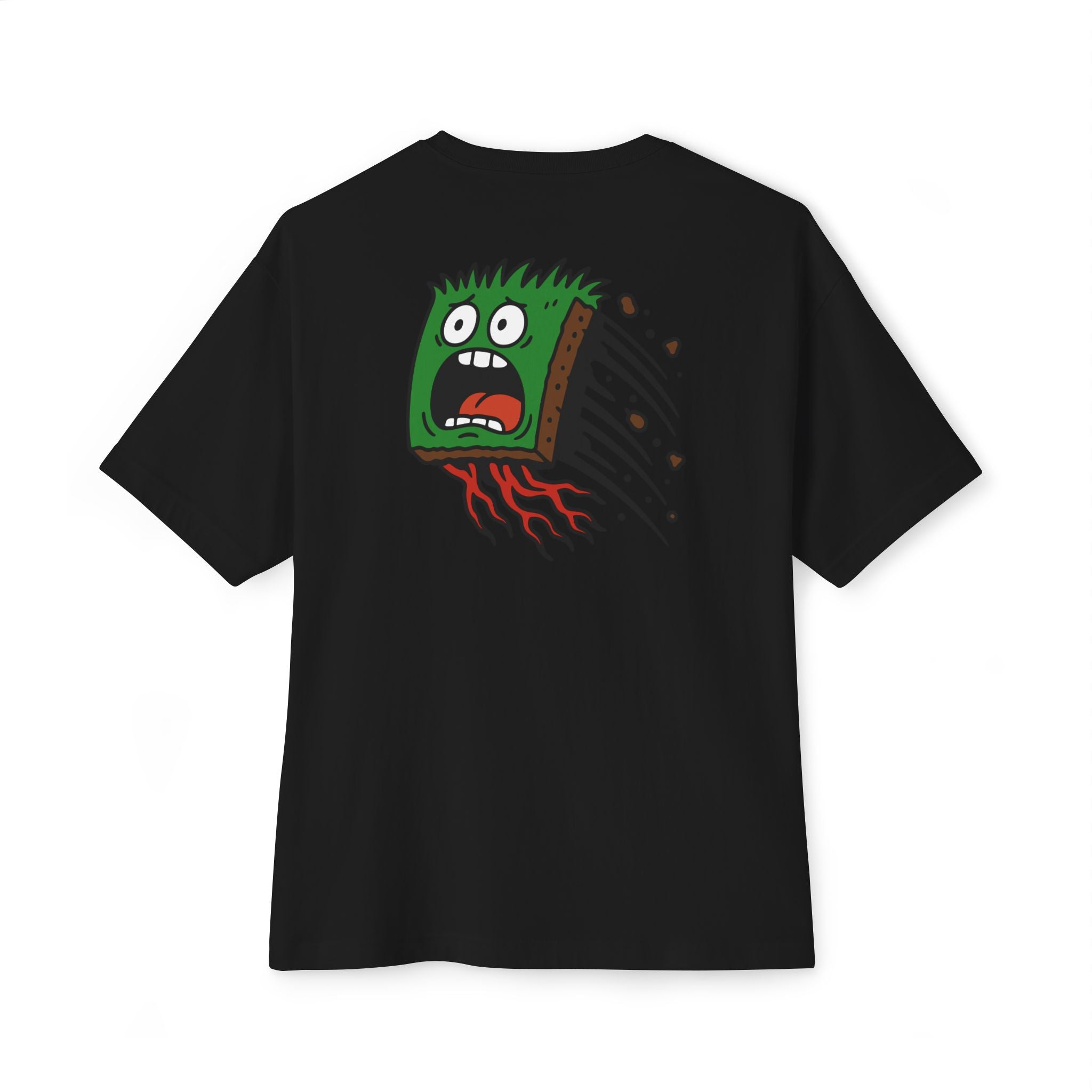 Black t-shirt with a colorful graphic on the back against a white background