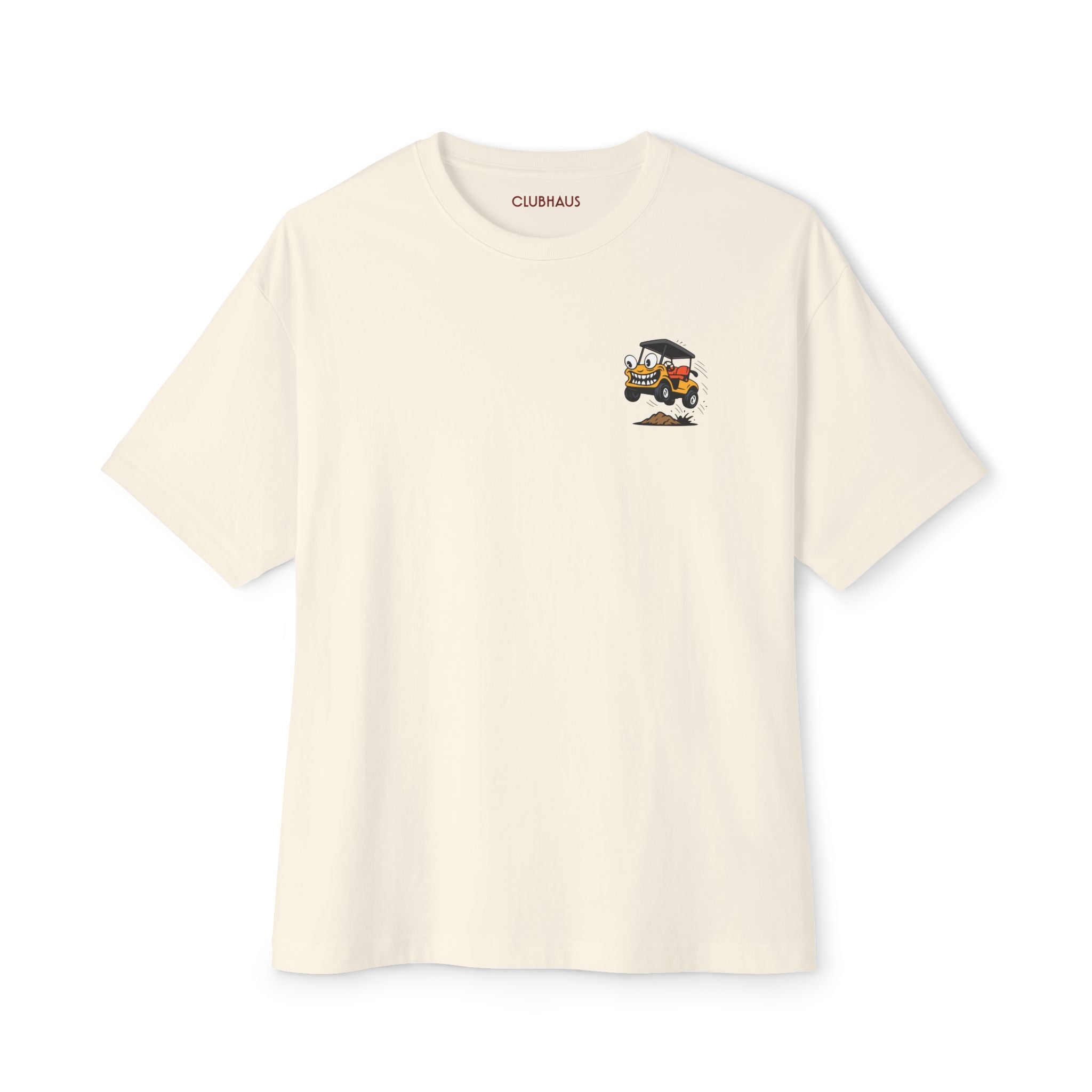 Beige t-shirt with a small graphic and text on a white background