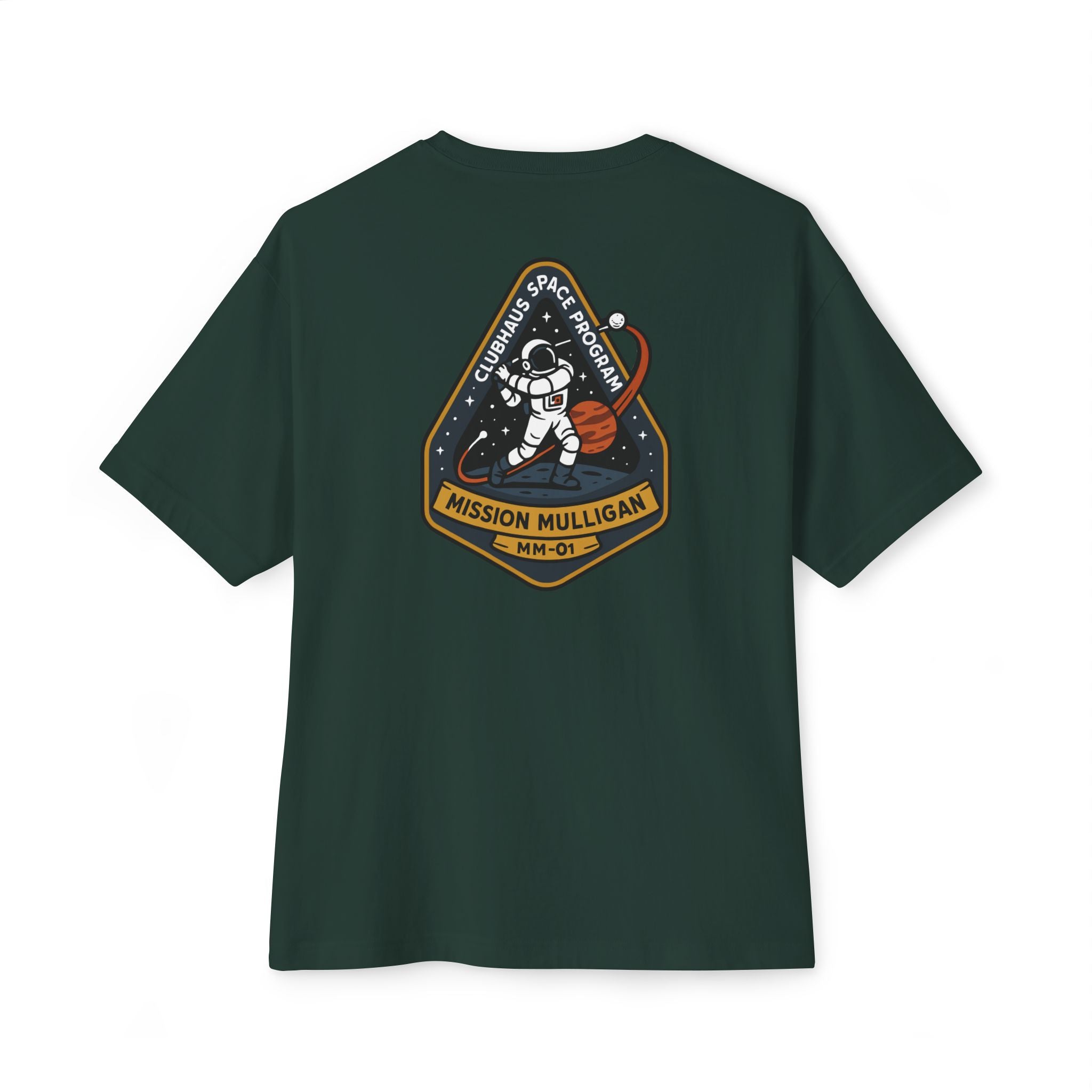 Green t-shirt with space-themed graphic on the back against a white background
