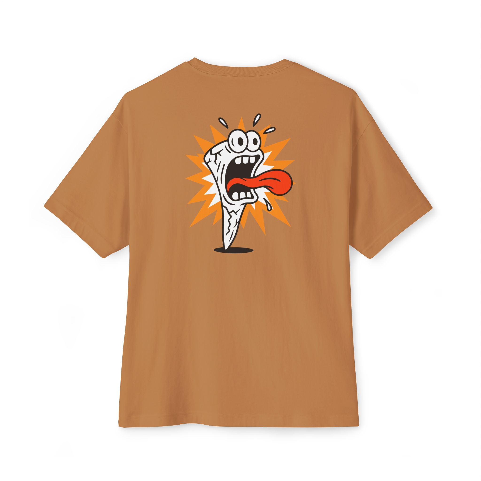 Brown t-shirt with a cartoon character on the back against a white background