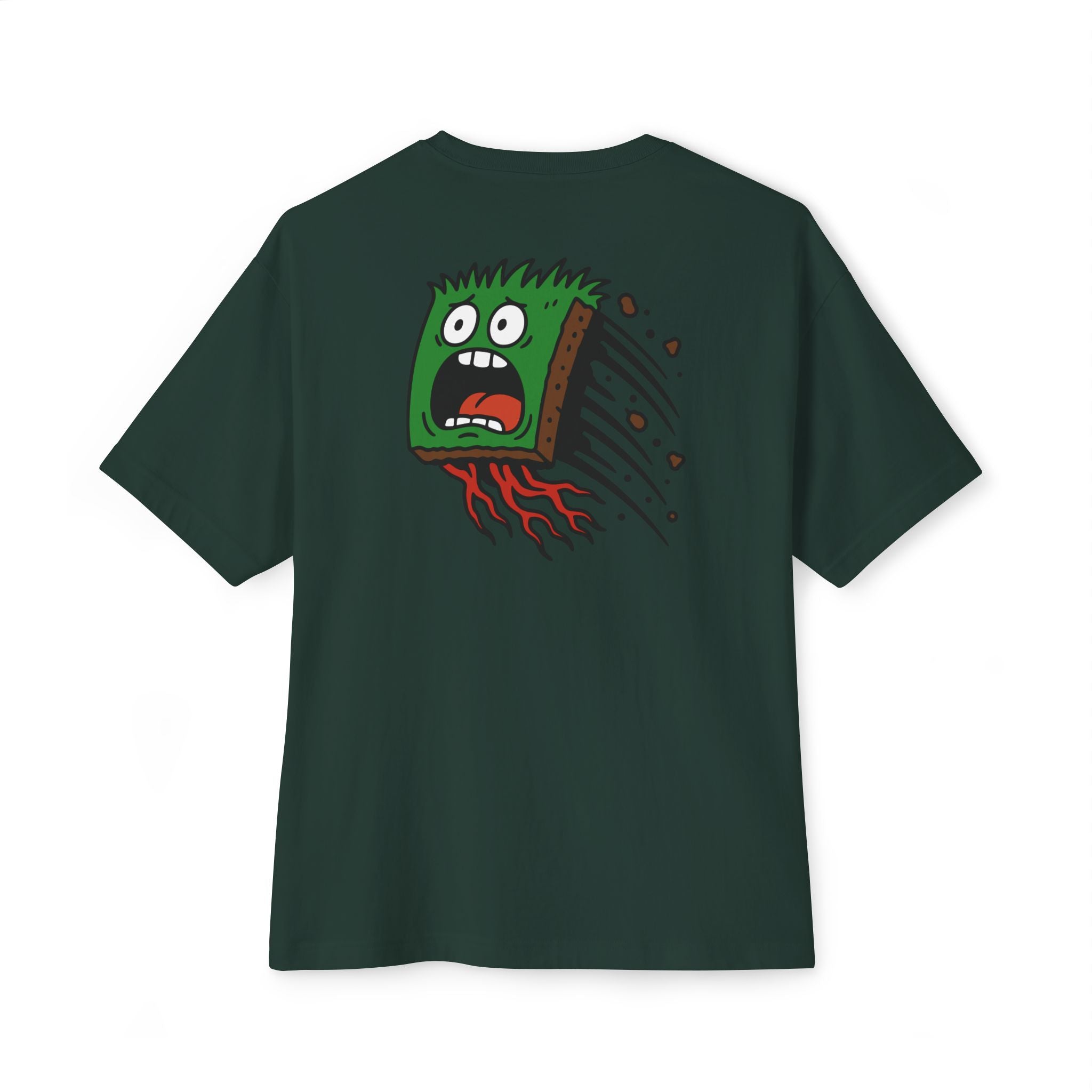 Green t-shirt with a cartoon character on the back against a white background