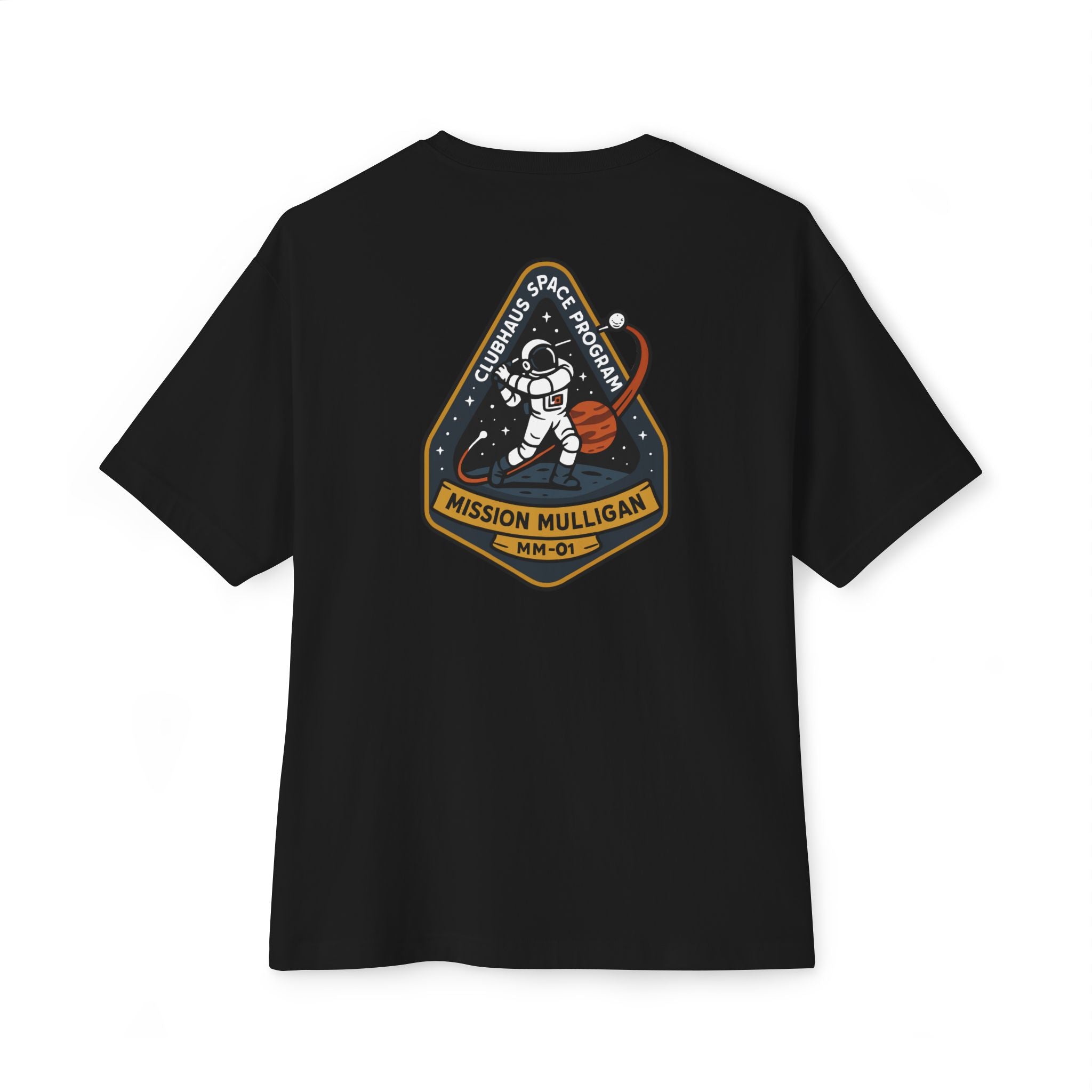 Black t-shirt with space-themed graphic on a white background