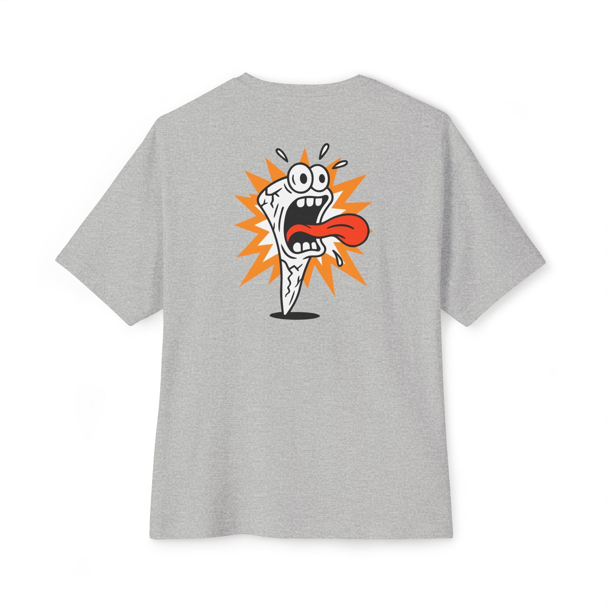 Gray t-shirt with a cartoon character on the back against a white background