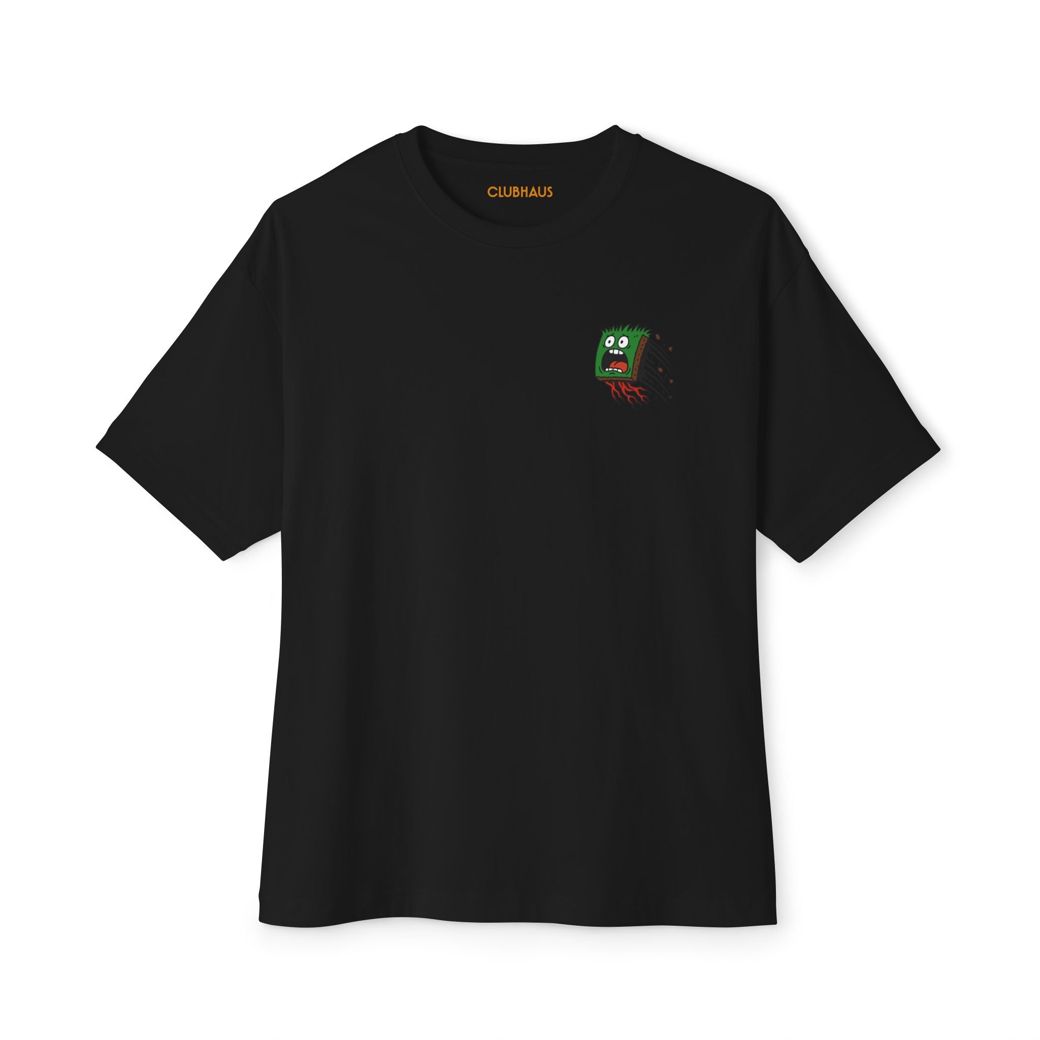 Black t-shirt with a small graphic on the chest against a white background