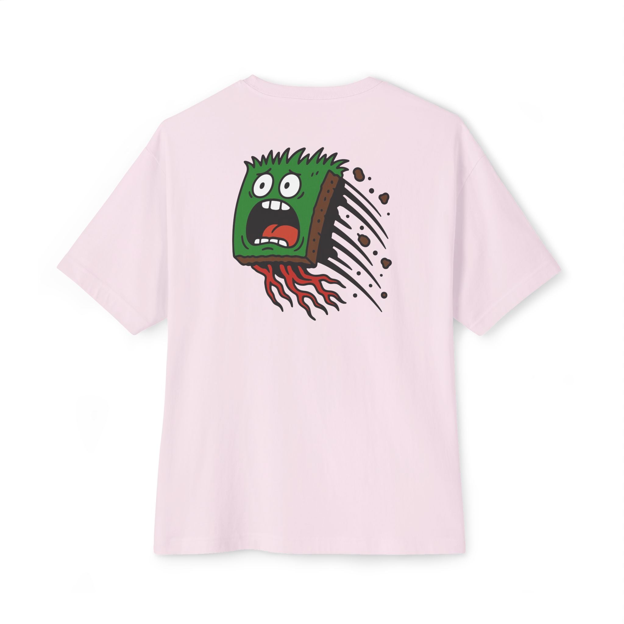 Pink t-shirt with a graphic design on the back against a white background