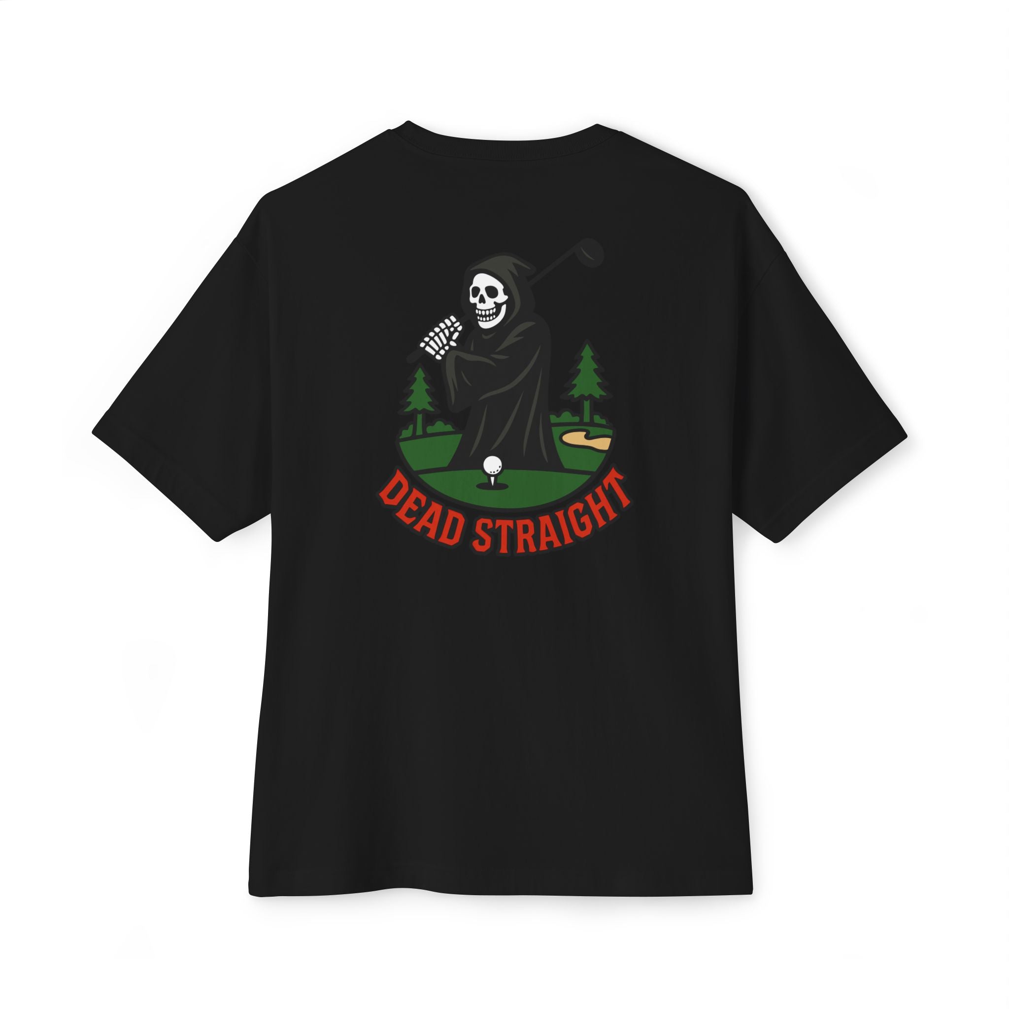 Black t-shirt with a graphic of a skeleton golfing and 'Dead Straight' text on a white background