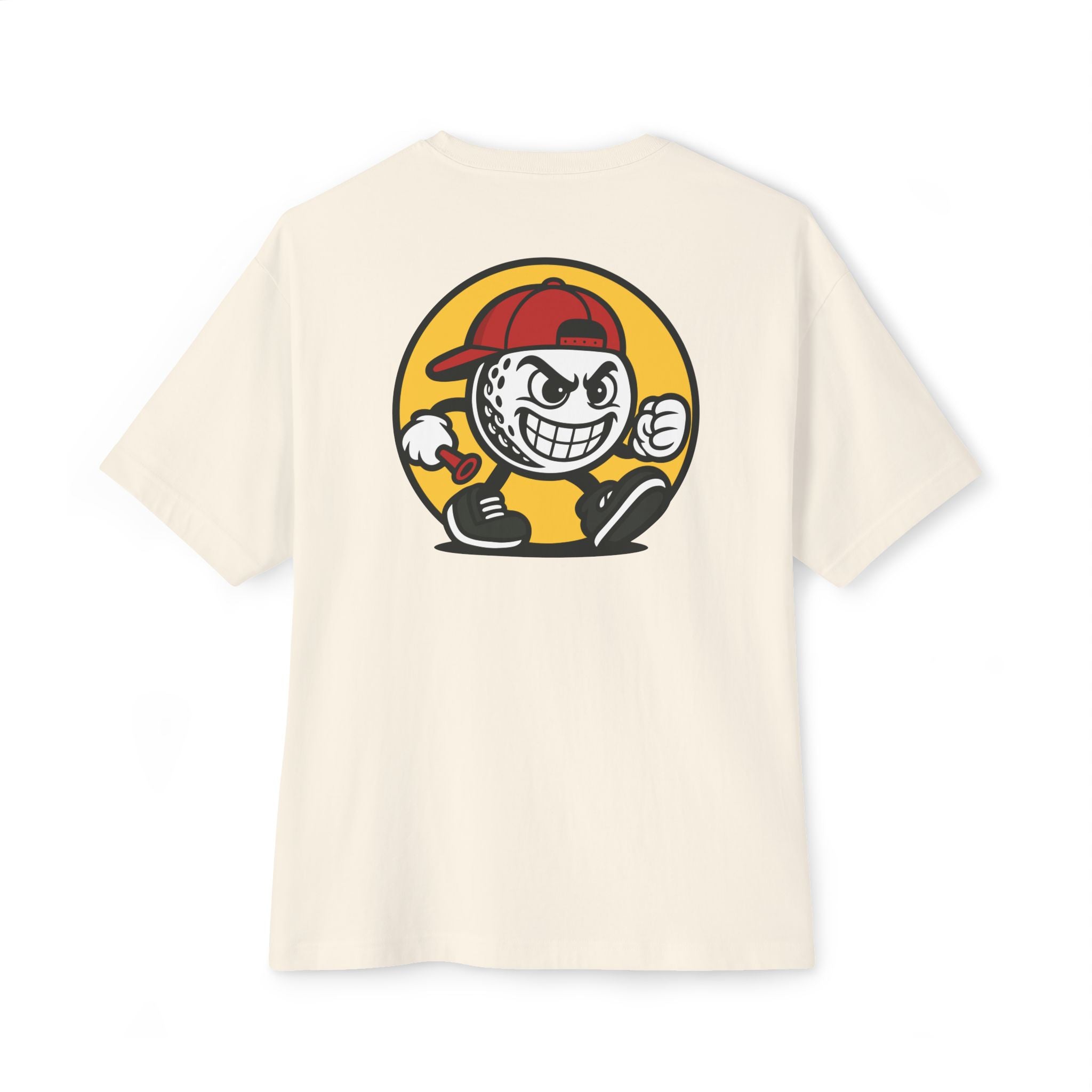 Beige t-shirt with a cartoon character graphic on a white background