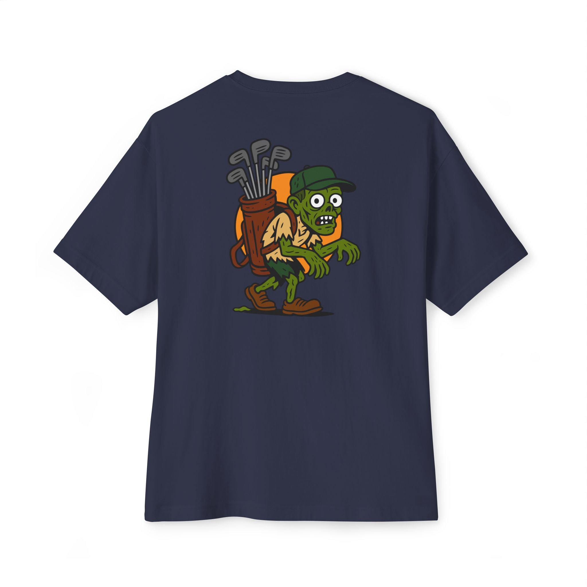Navy blue t-shirt with a cartoon character holding golf clubs on the back, on a white background