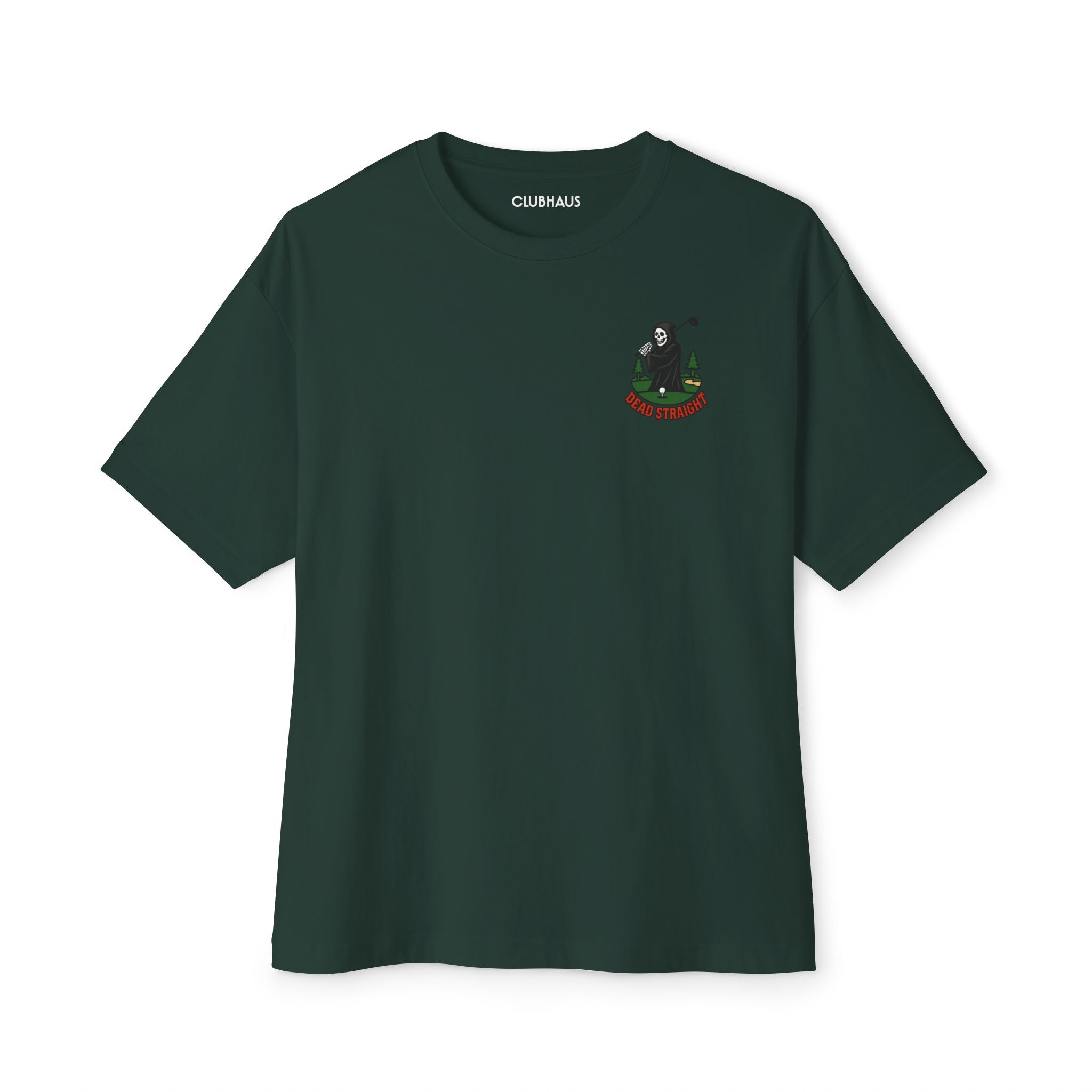 Green t-shirt with a small logo on the chest against a white background
