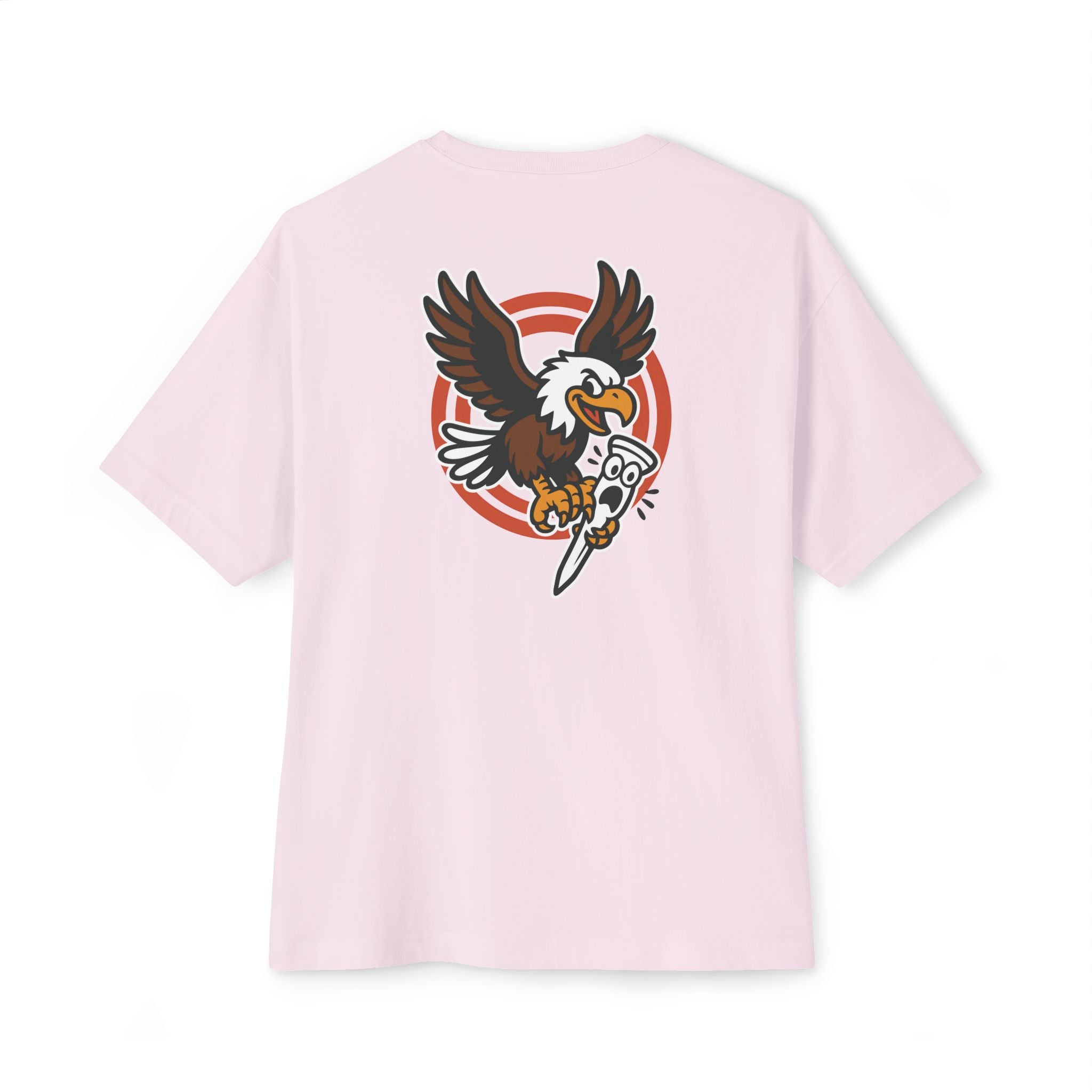 Pink t-shirt with an eagle graphic on a white background