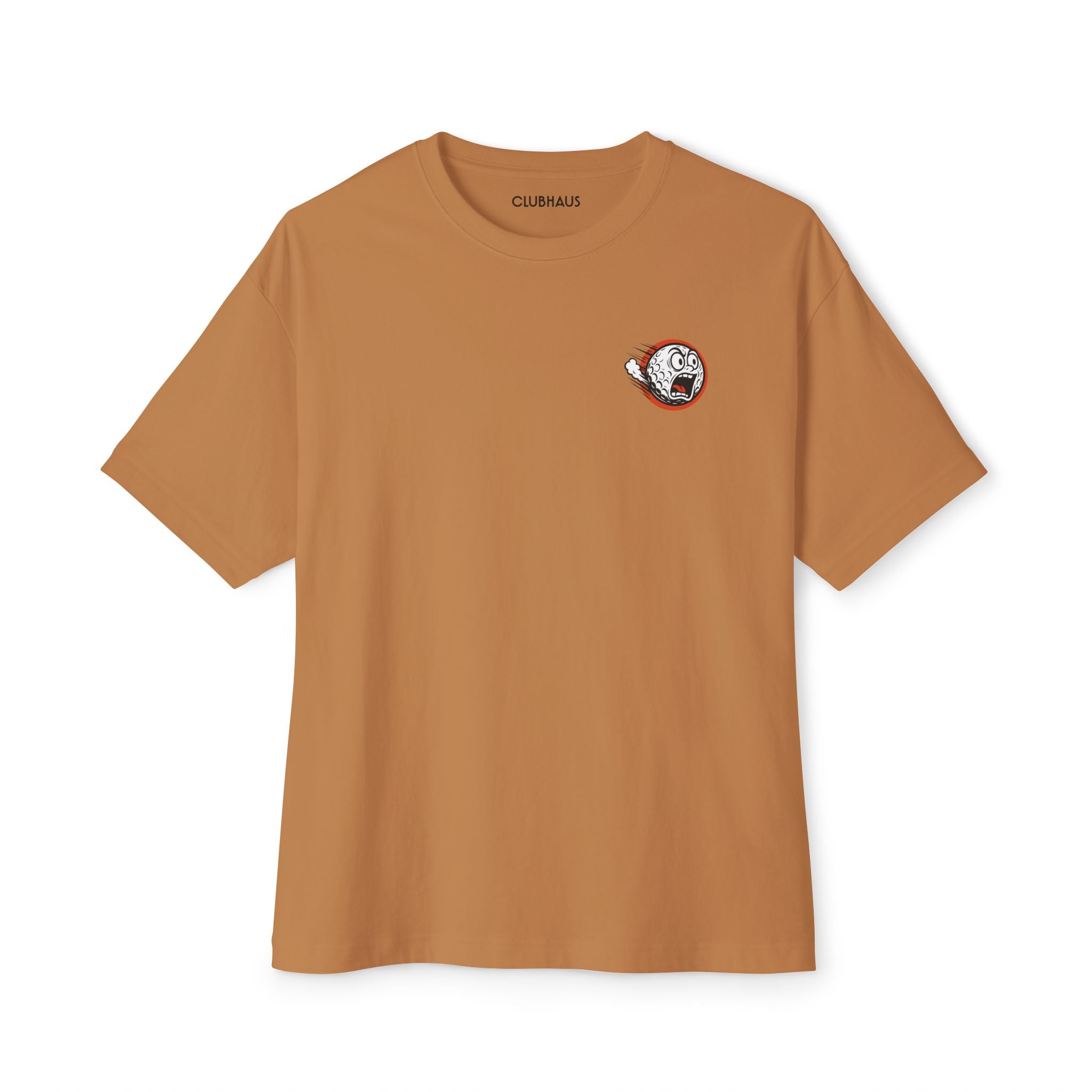 Brown t-shirt with a small graphic on the chest against a white background