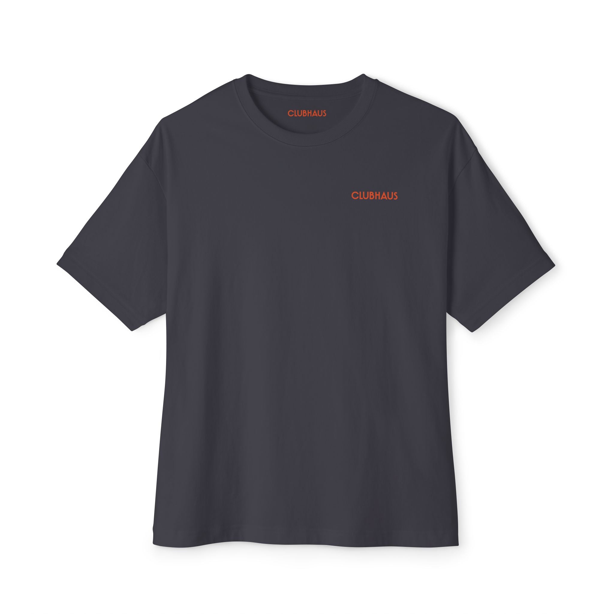 Black t-shirt with red logo on a white background