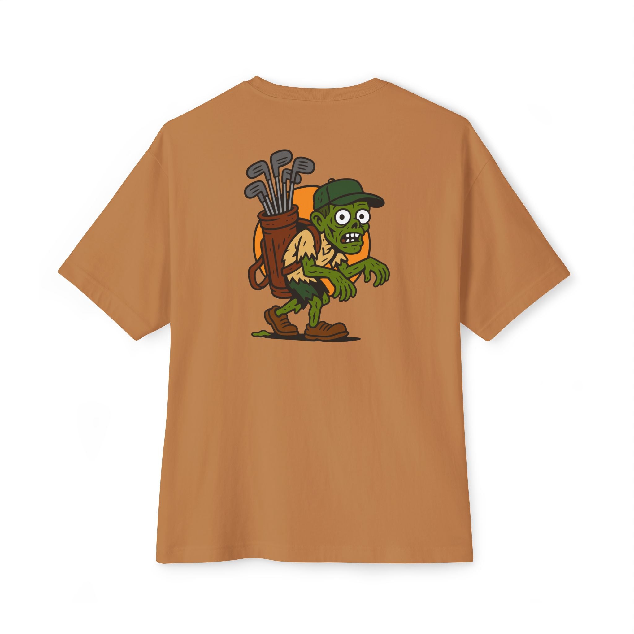Brown t-shirt with a cartoon character holding golf clubs on the back against a white background