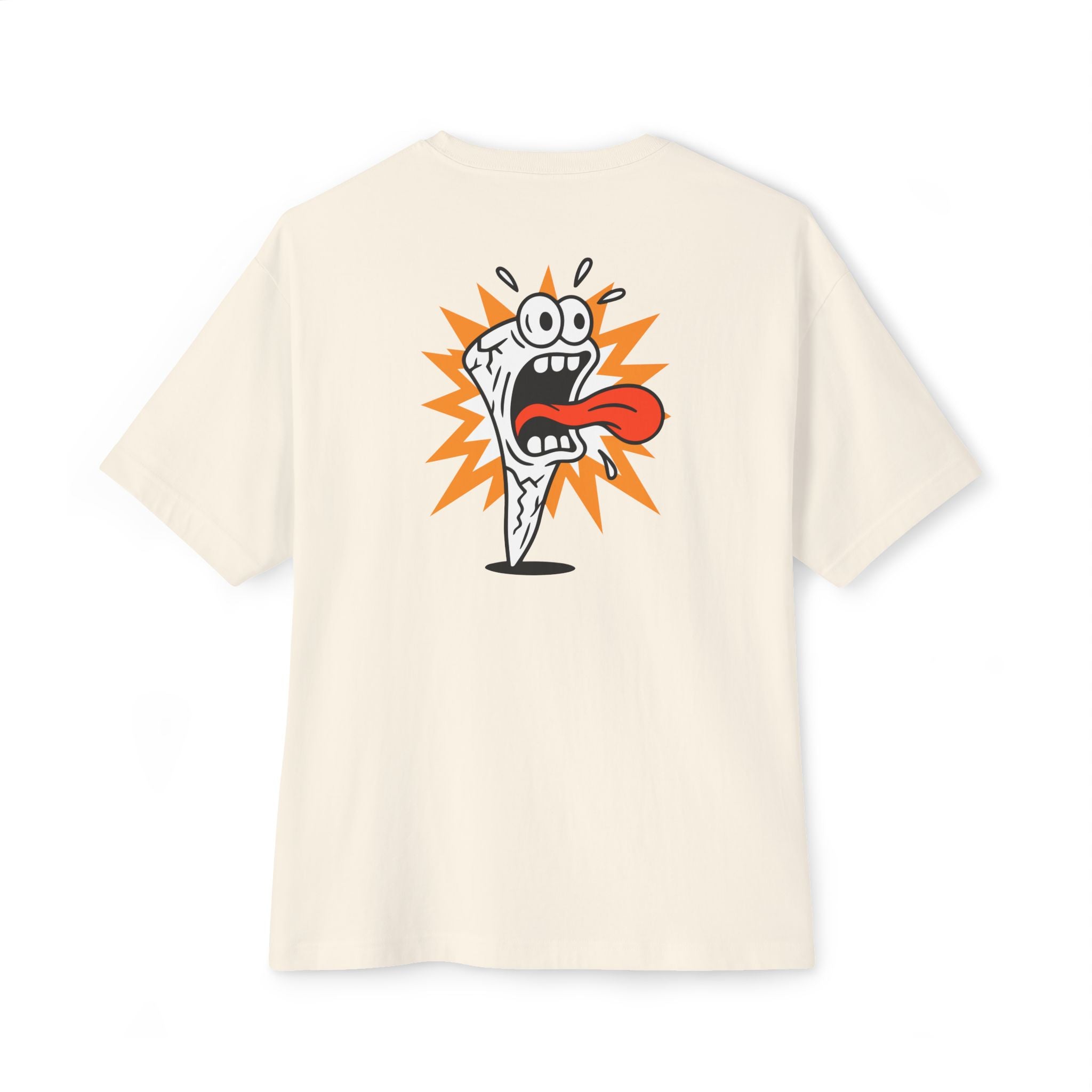 Beige t-shirt with a cartoon character graphic on a white background