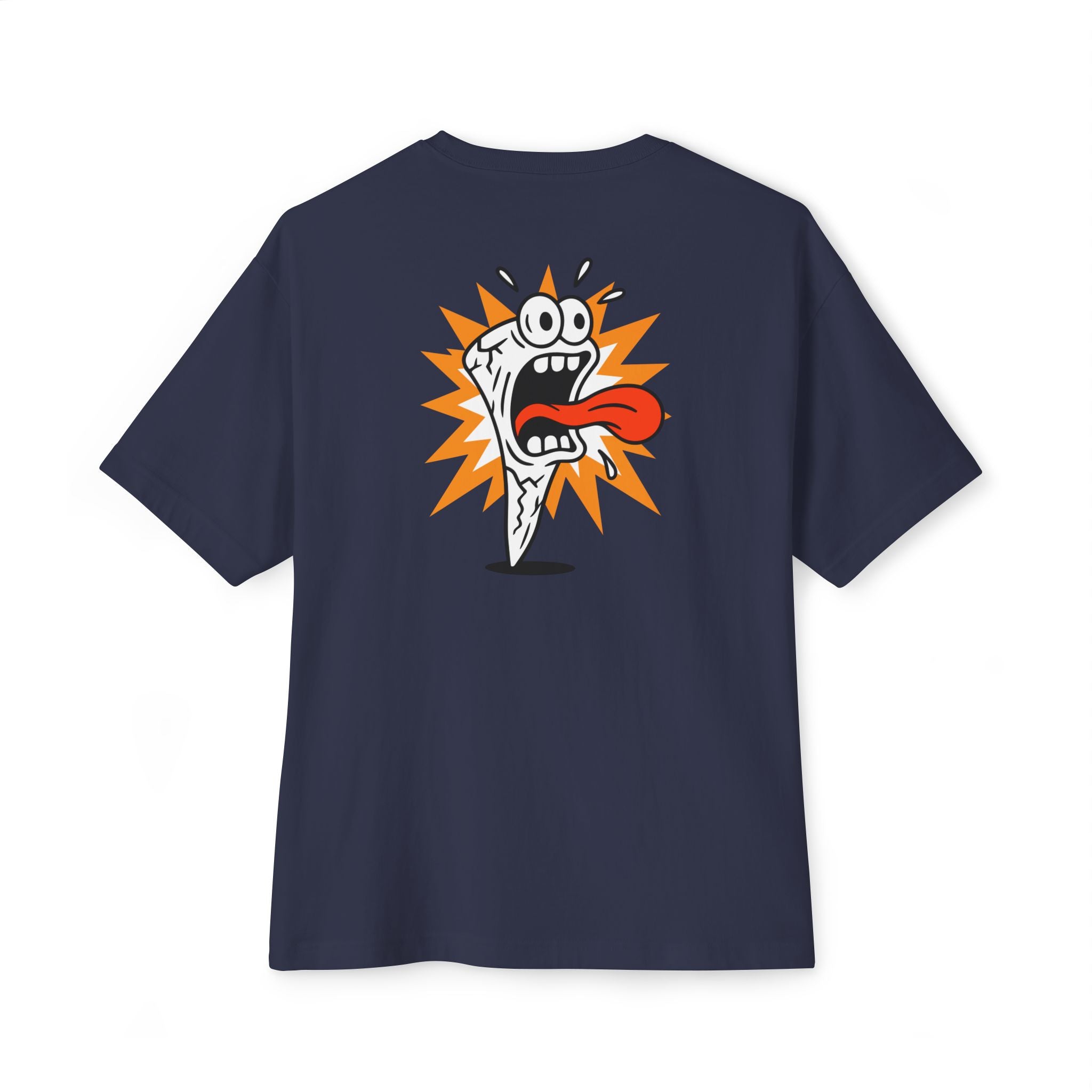 Navy blue t-shirt with a colorful graphic on the back against a white background