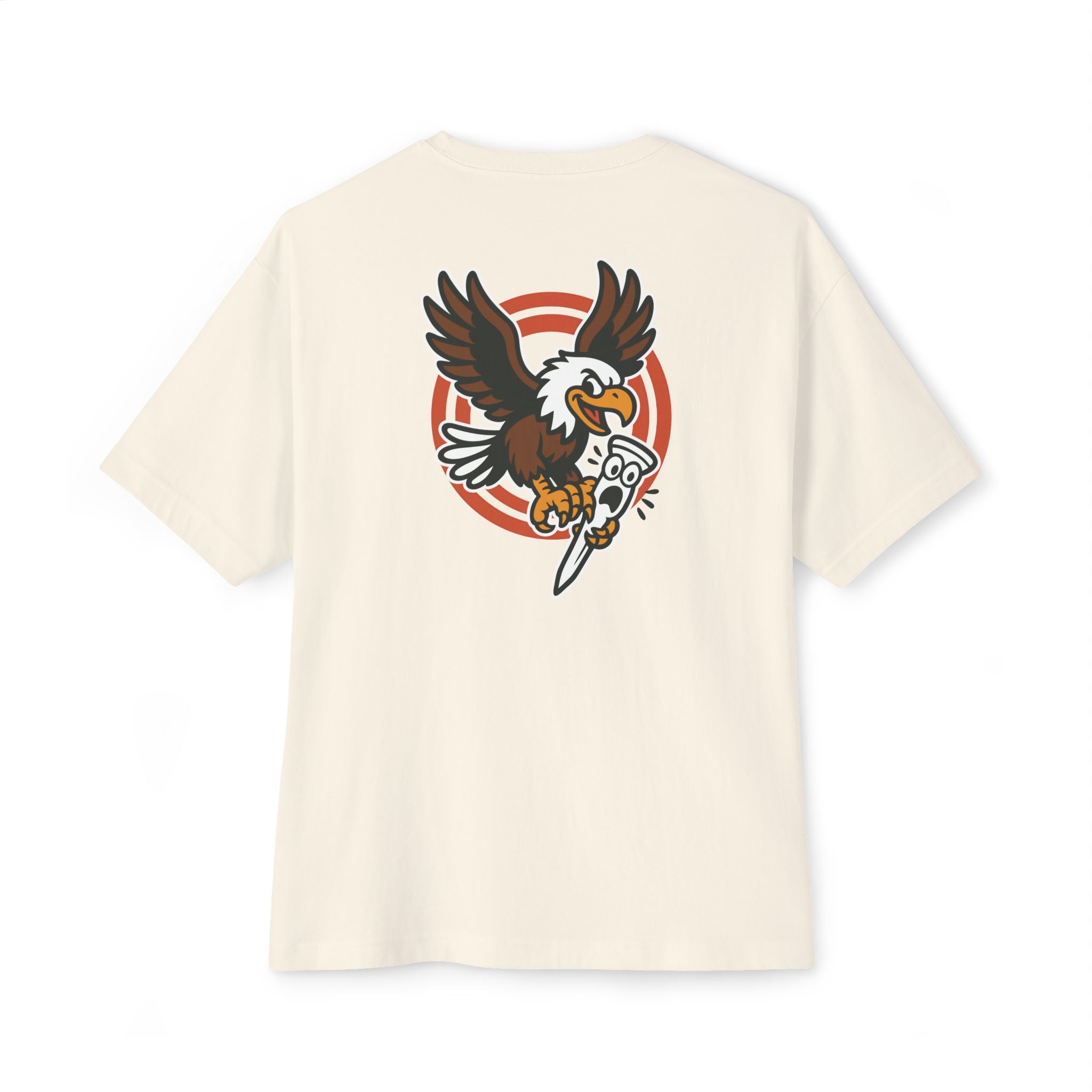 Beige t-shirt with an eagle graphic on a white background