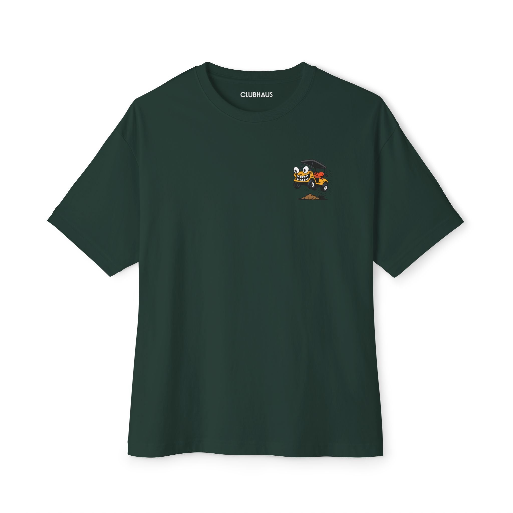 Dark green t-shirt with a small logo on the chest against a white background