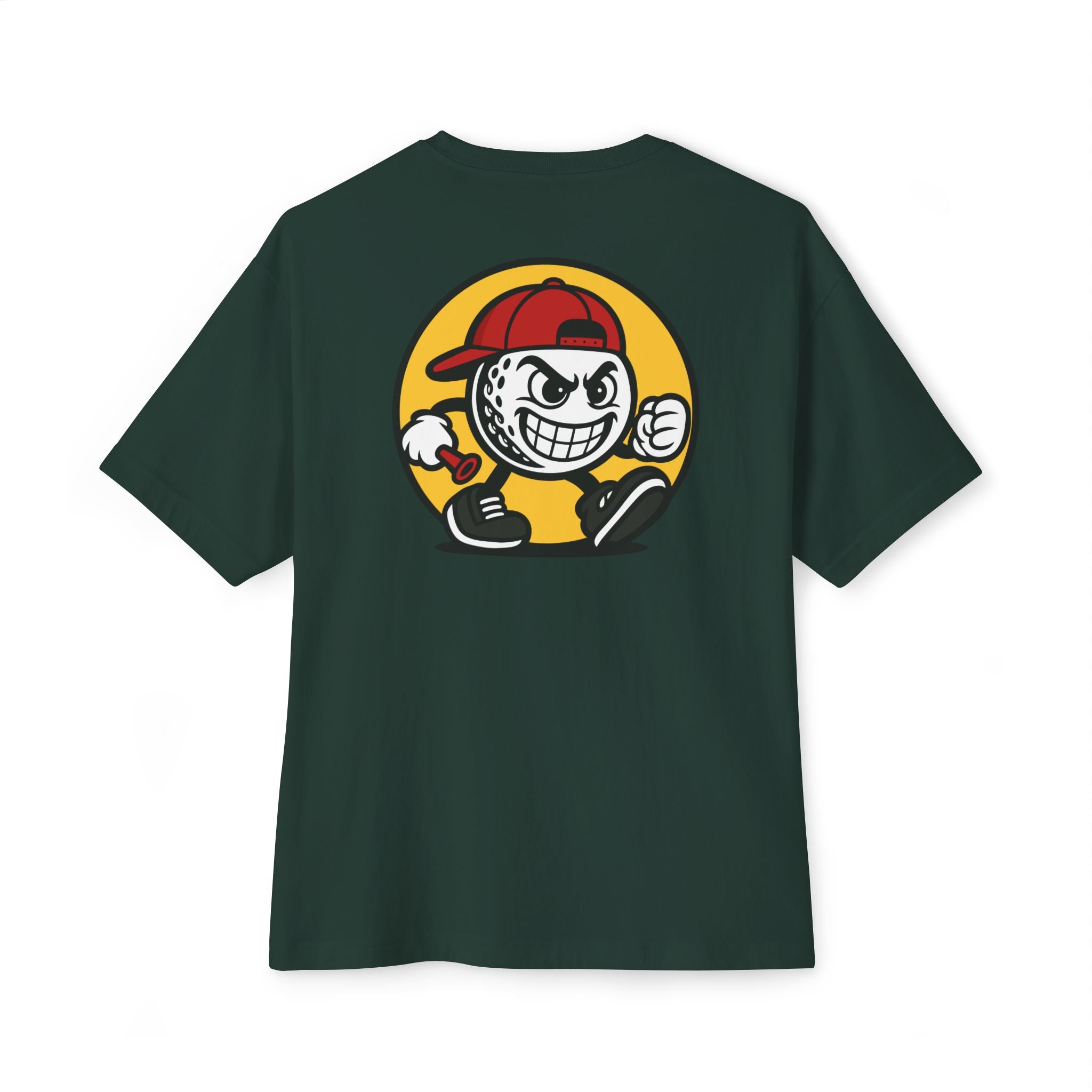 Green t-shirt with a cartoon character graphic on the back against a white background