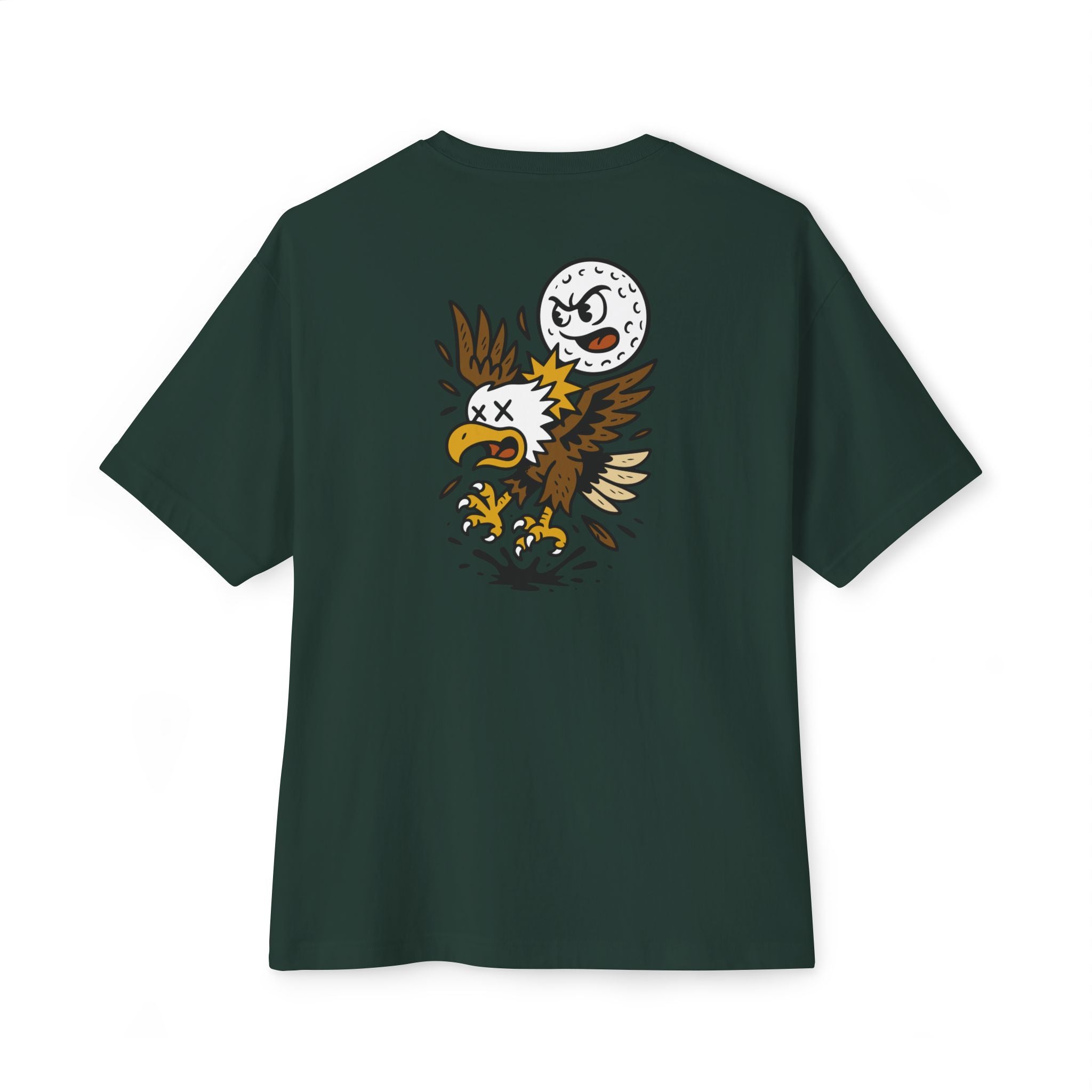 Dark green t-shirt with an eagle graphic on the back against a white background