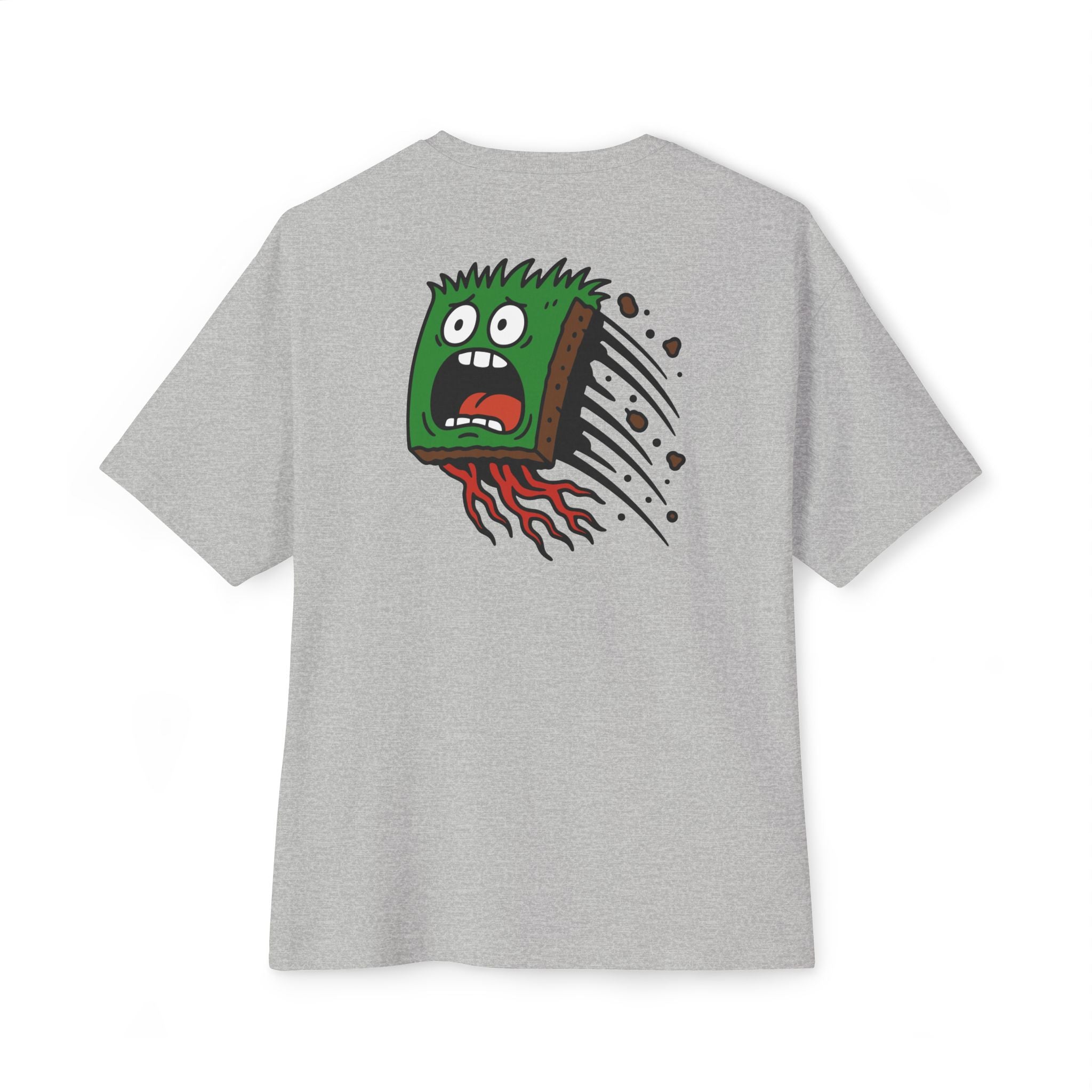 Gray t-shirt with a colorful graphic on the back against a white background