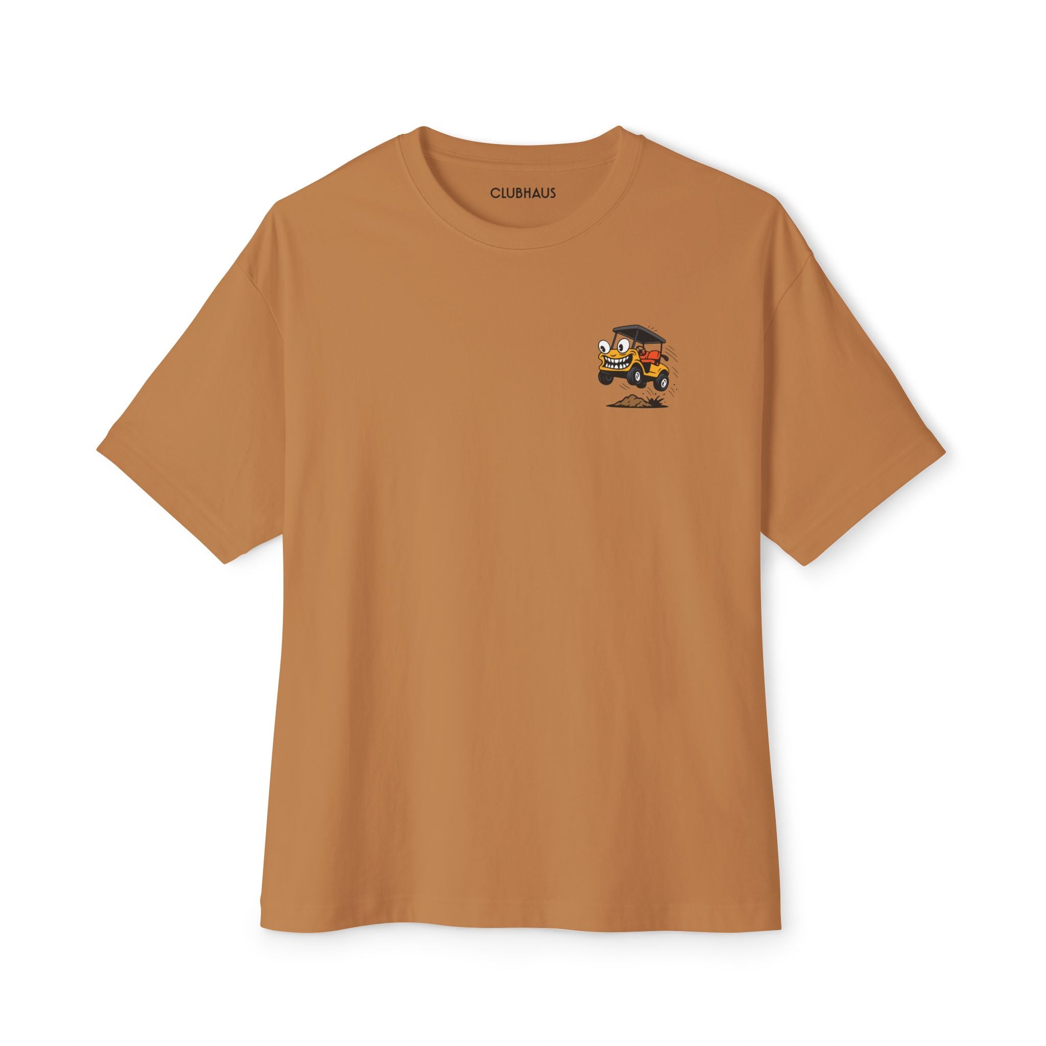 Brown t-shirt with a small graphic on the chest against a white background