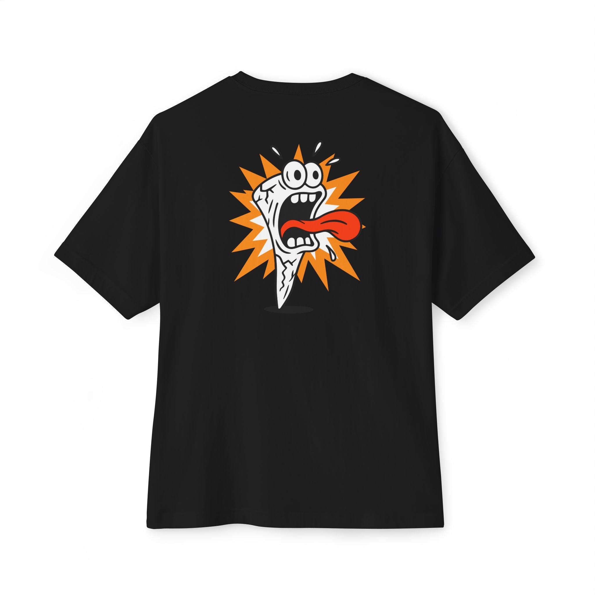 Black t-shirt with a graphic design on the back against a white background