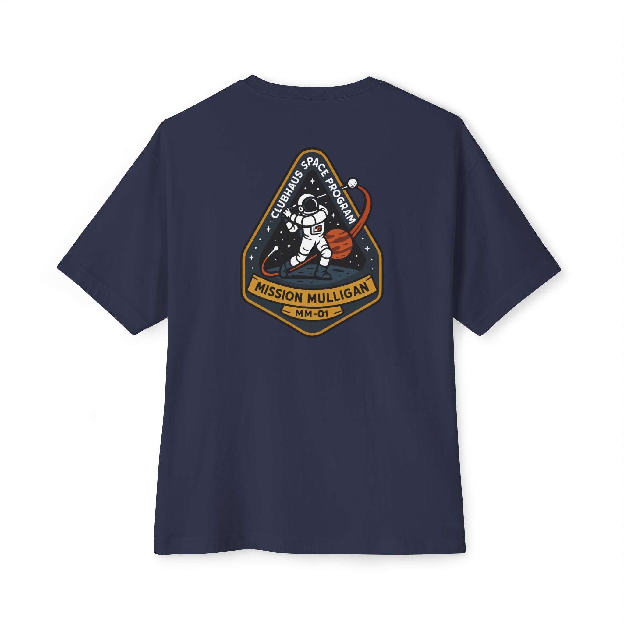 Navy blue t-shirt with space-themed graphic on the back against a white background