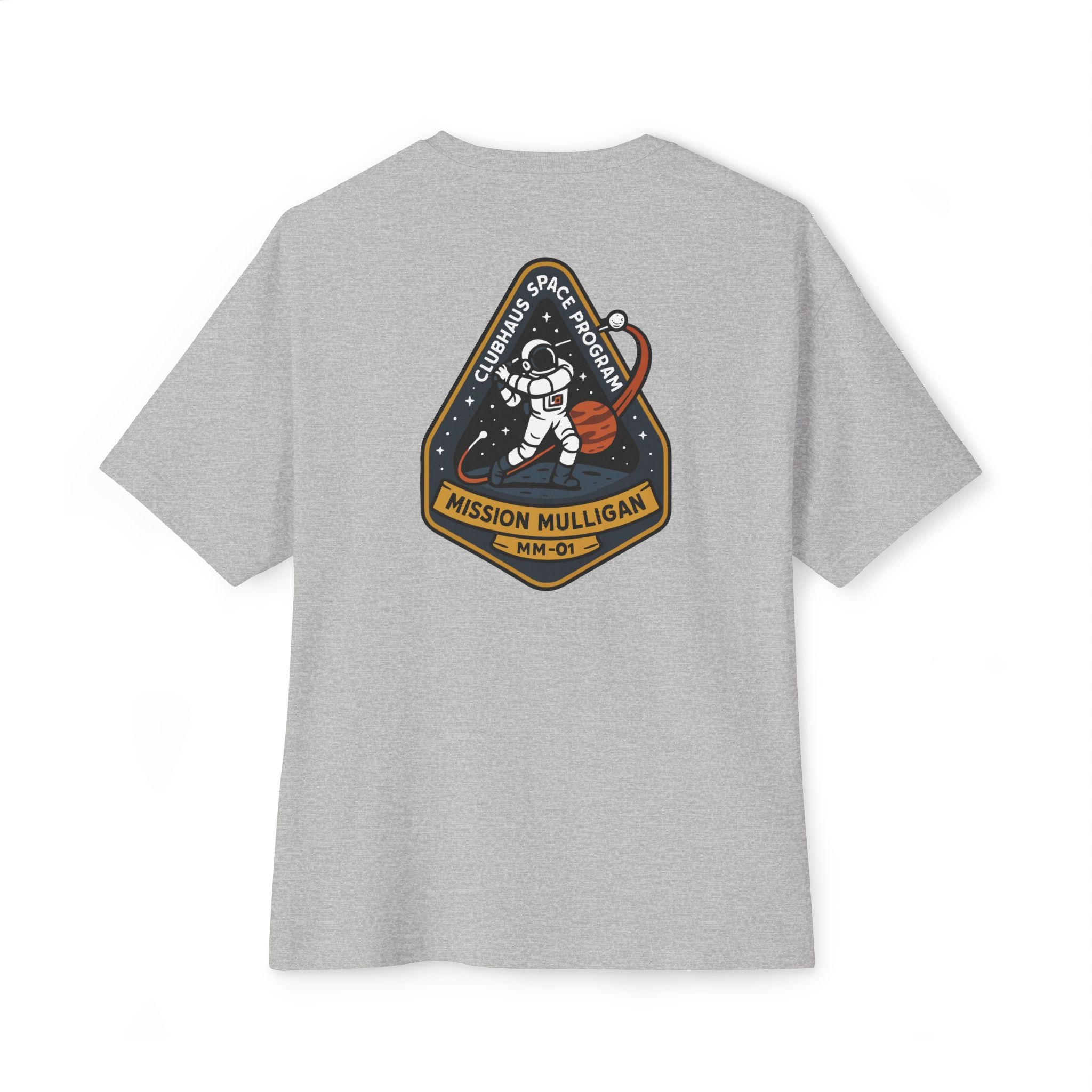 Gray t-shirt with a space-themed patch on the back against a white background
