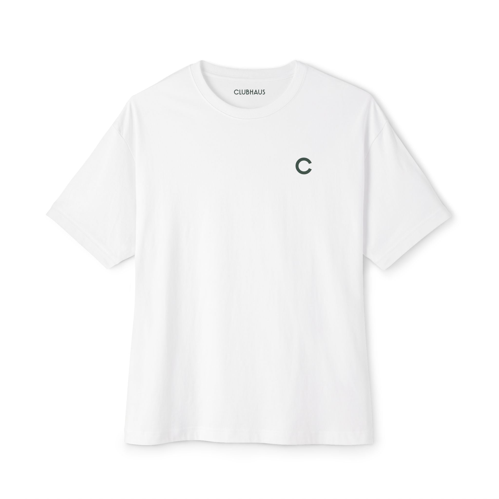 White t-shirt with a small logo on a white background