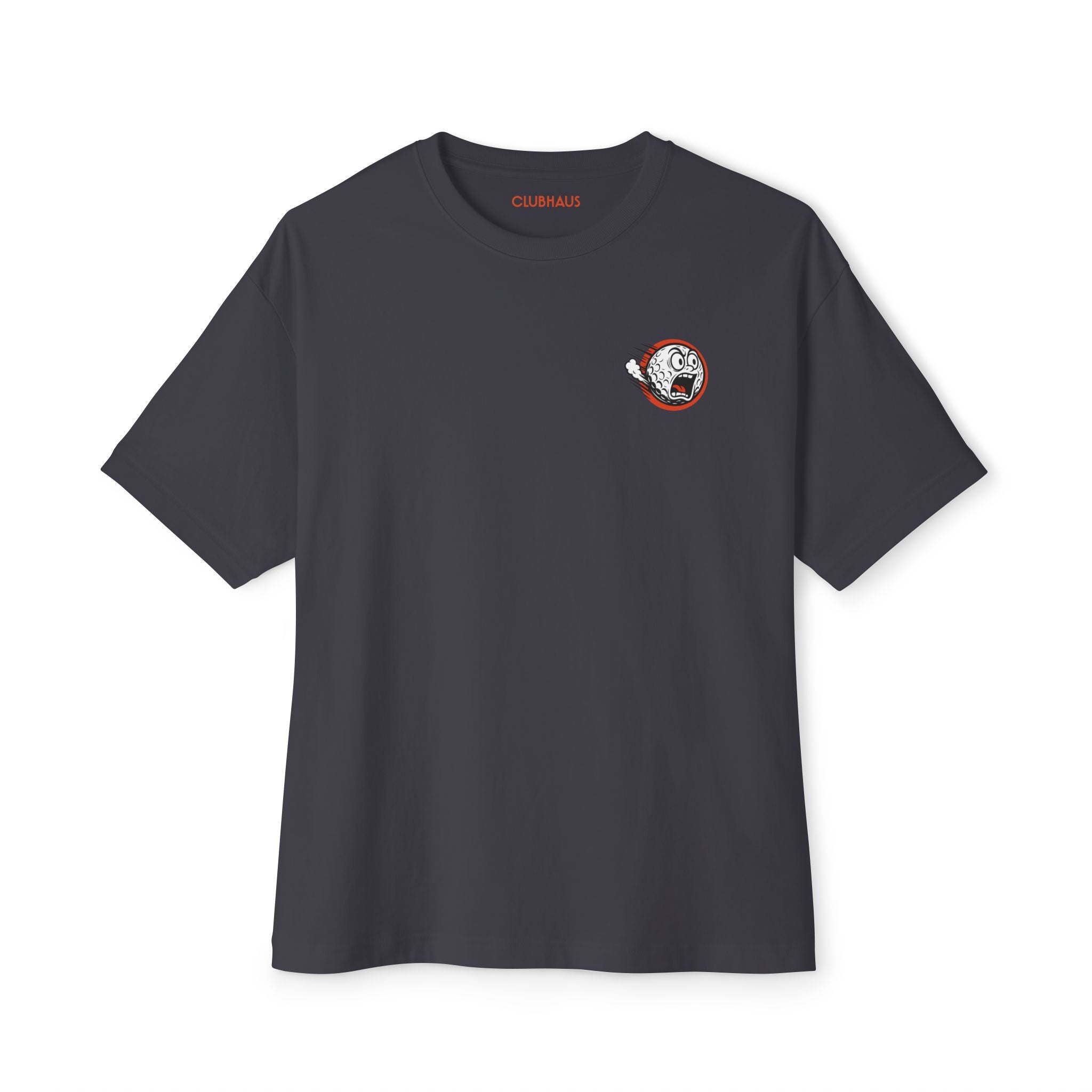 Dark gray t-shirt with a small logo on the chest against a white background