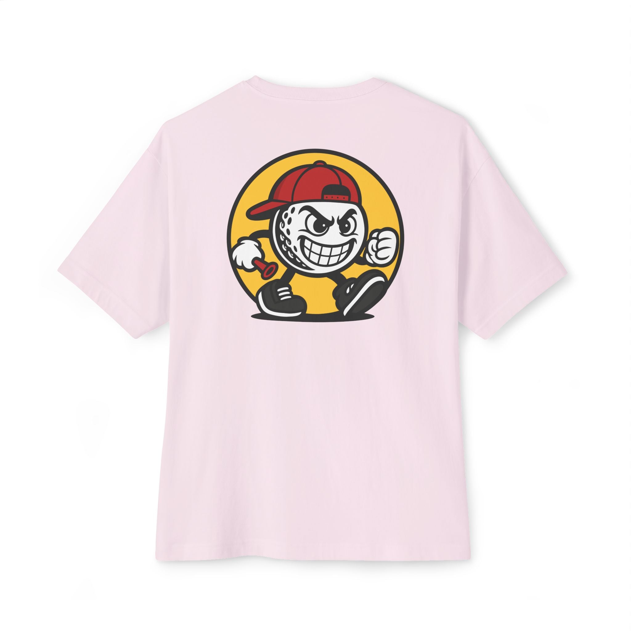 Pink t-shirt with a cartoon character graphic on the back against a white background