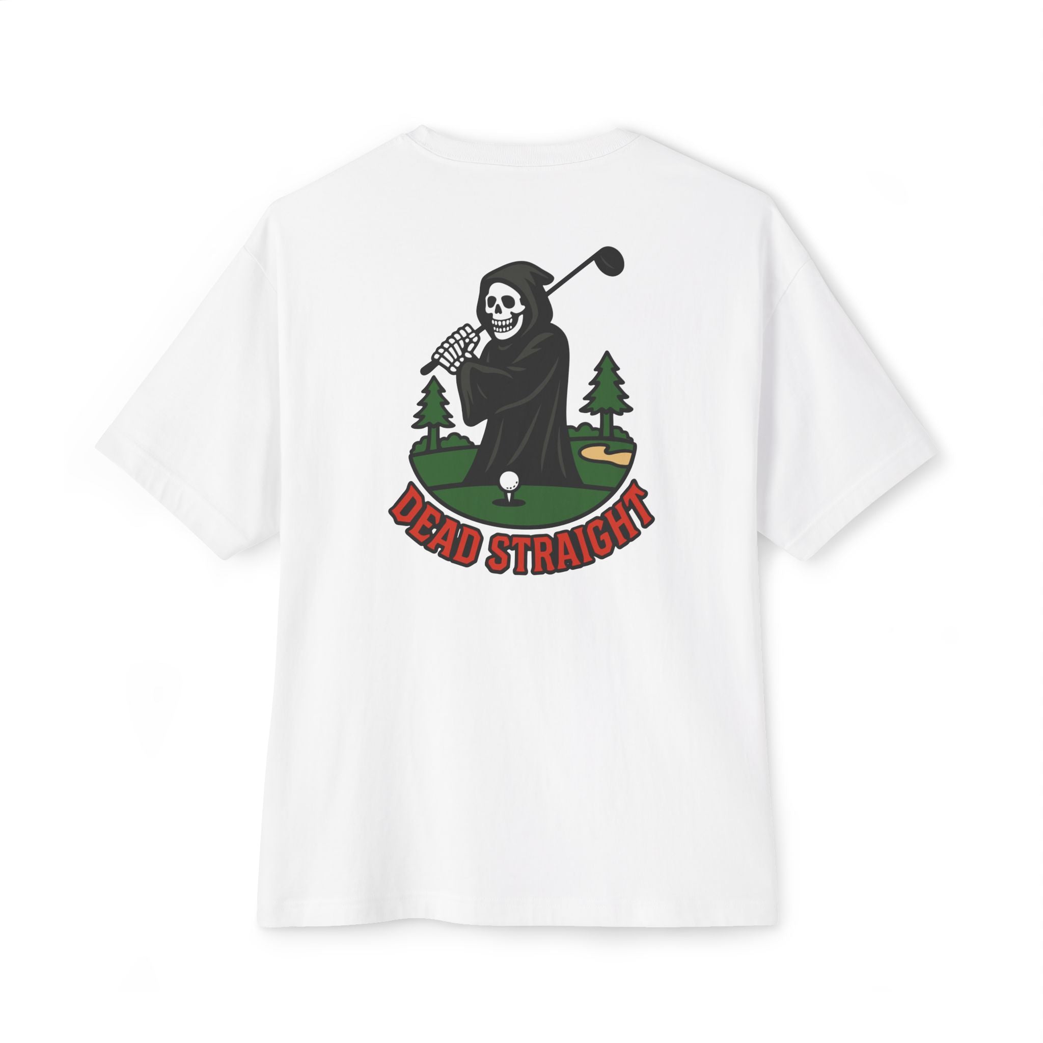 White t-shirt with a graphic of a skeleton playing golf and 'Dead Straight' text on a white background