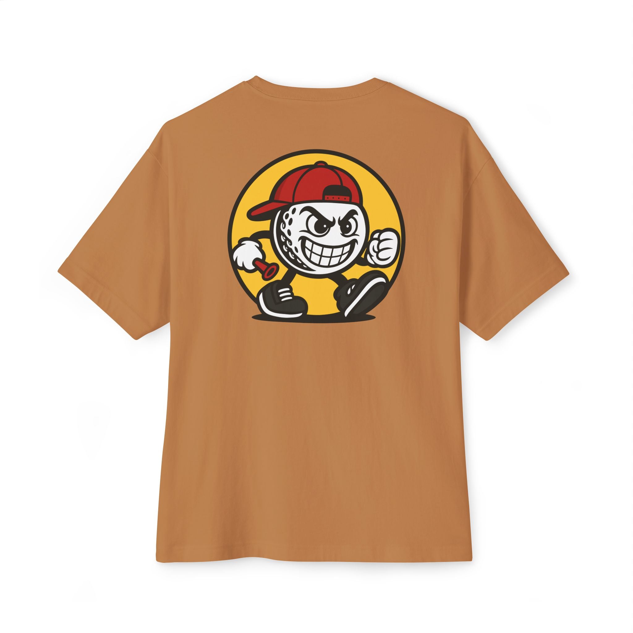 Brown t-shirt with a cartoon character on the back against a white background