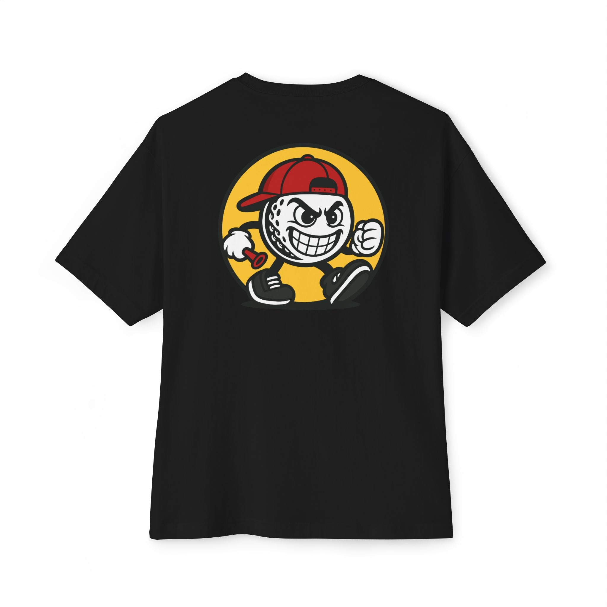 Black t-shirt with a graphic design on the back against a white background