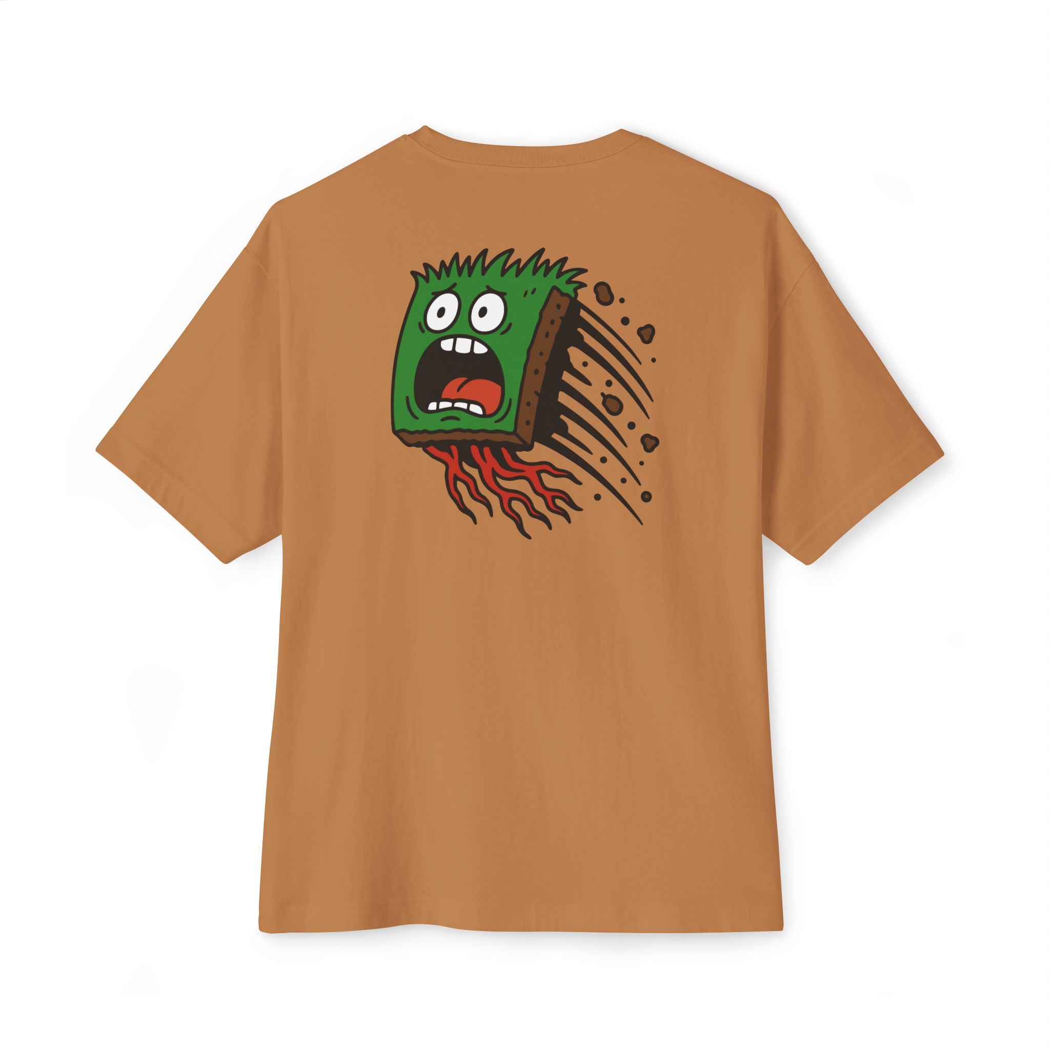 Brown t-shirt with a graphic design on the back against a white background