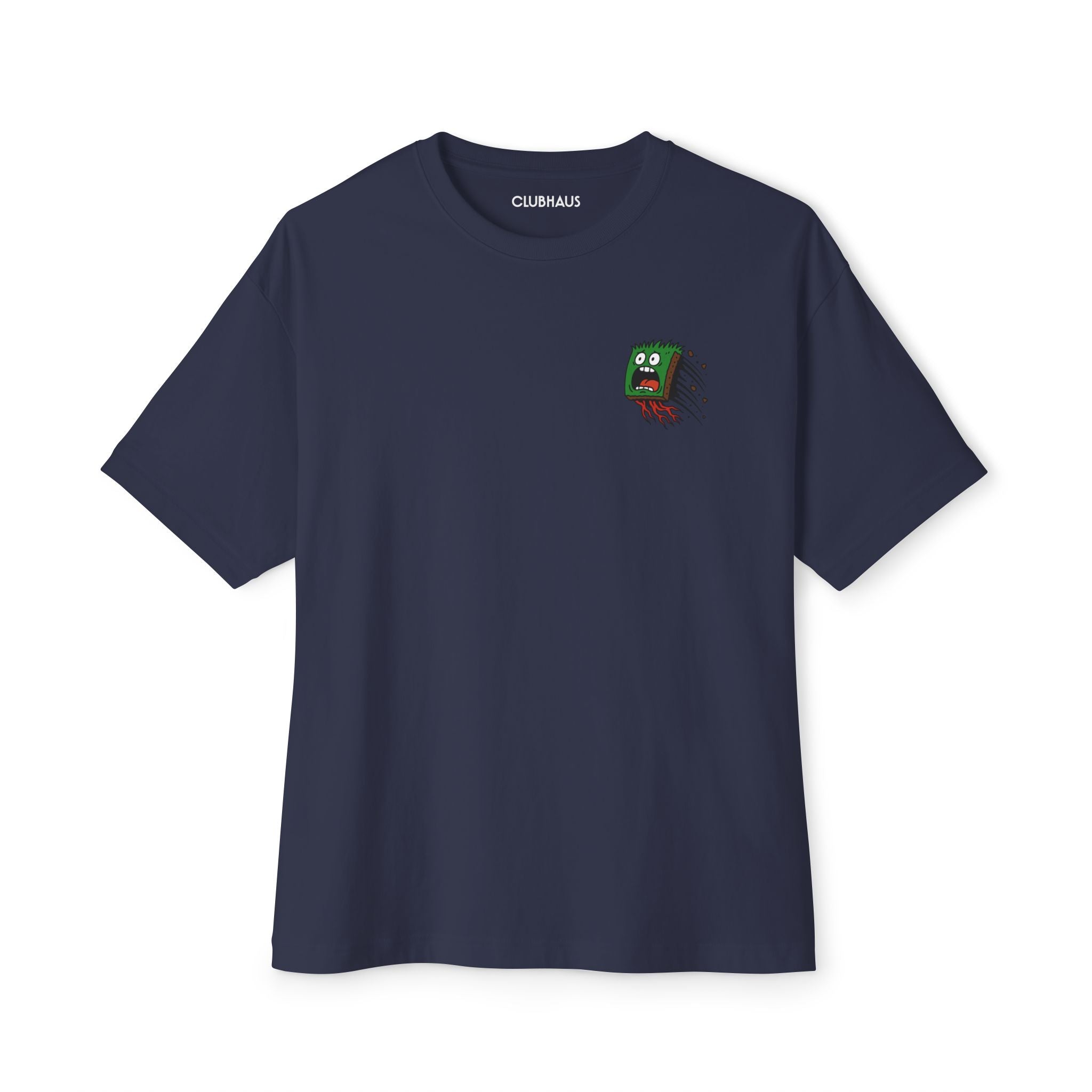 Navy blue t-shirt with a small graphic on the chest against a white background
