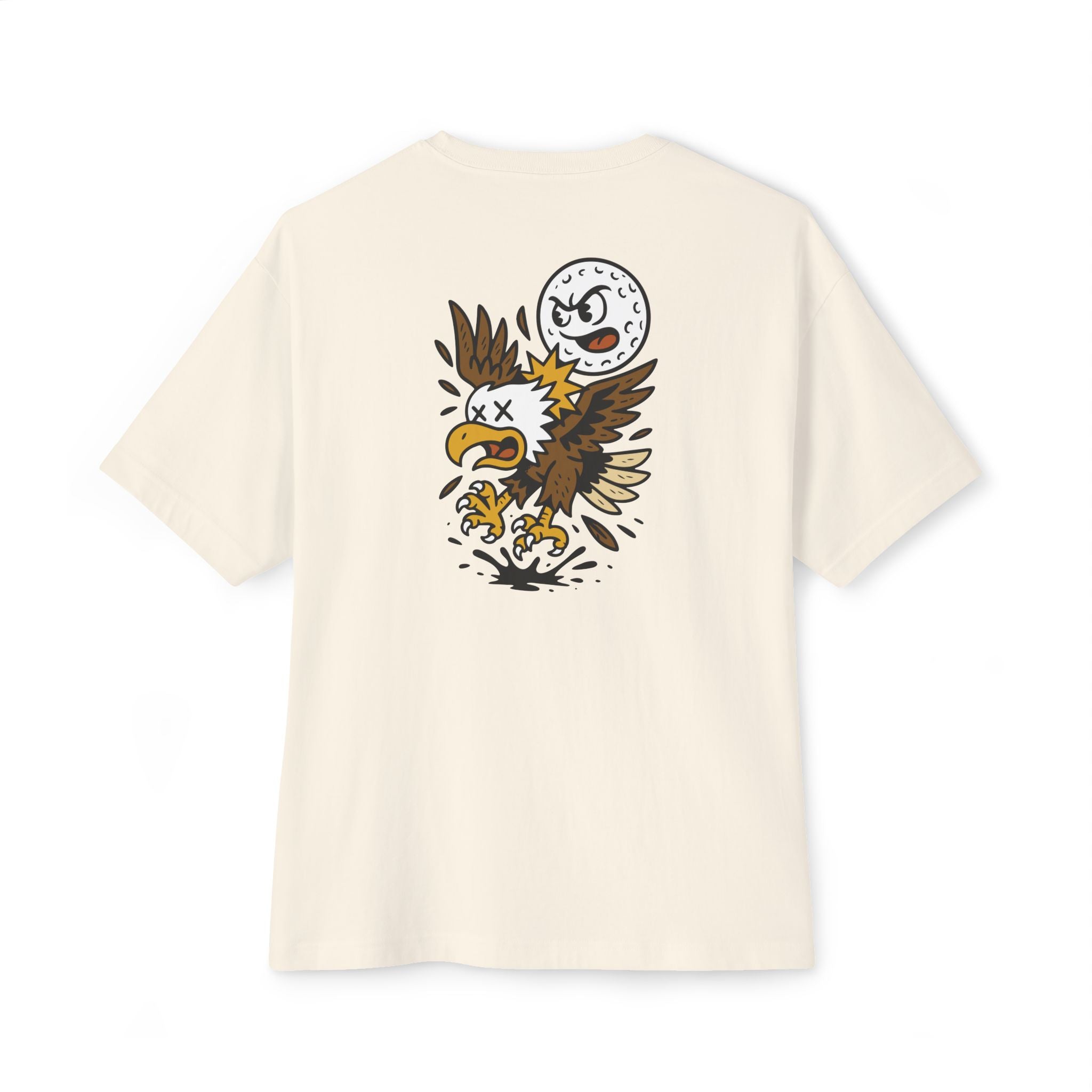 Beige t-shirt with an eagle graphic on a white background