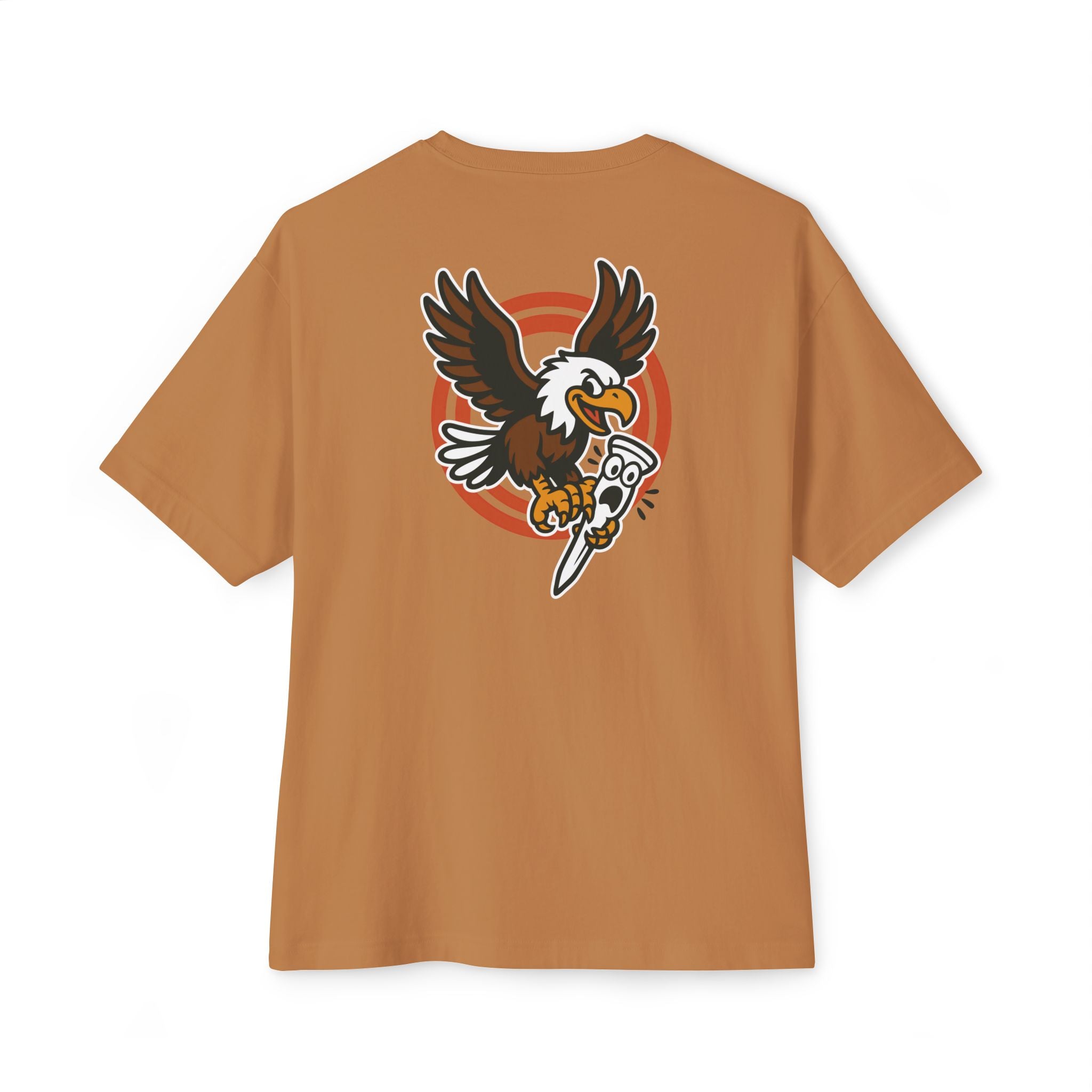 Brown t-shirt with an eagle graphic on the back against a white background