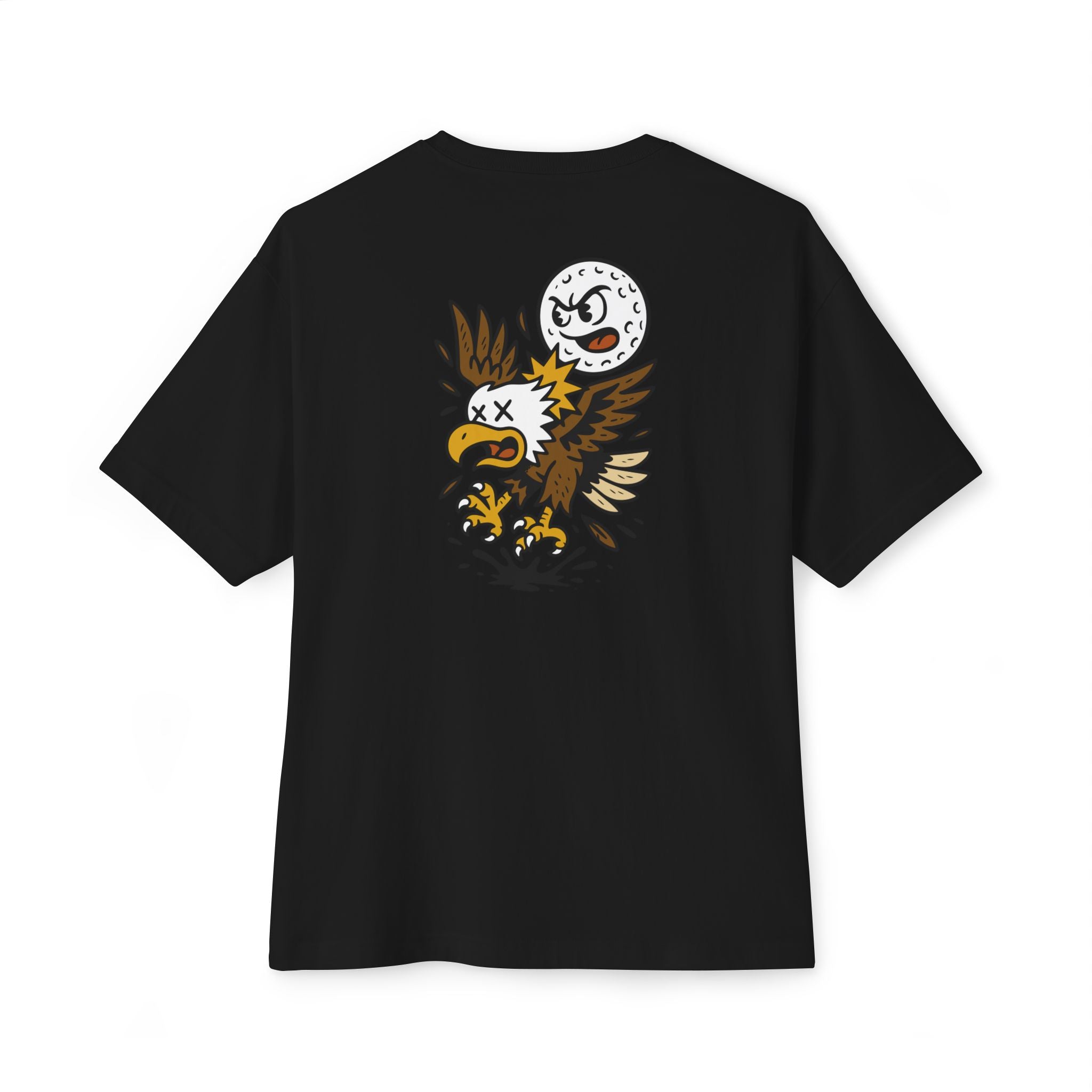 Black t-shirt with a graphic design on the back against a white background