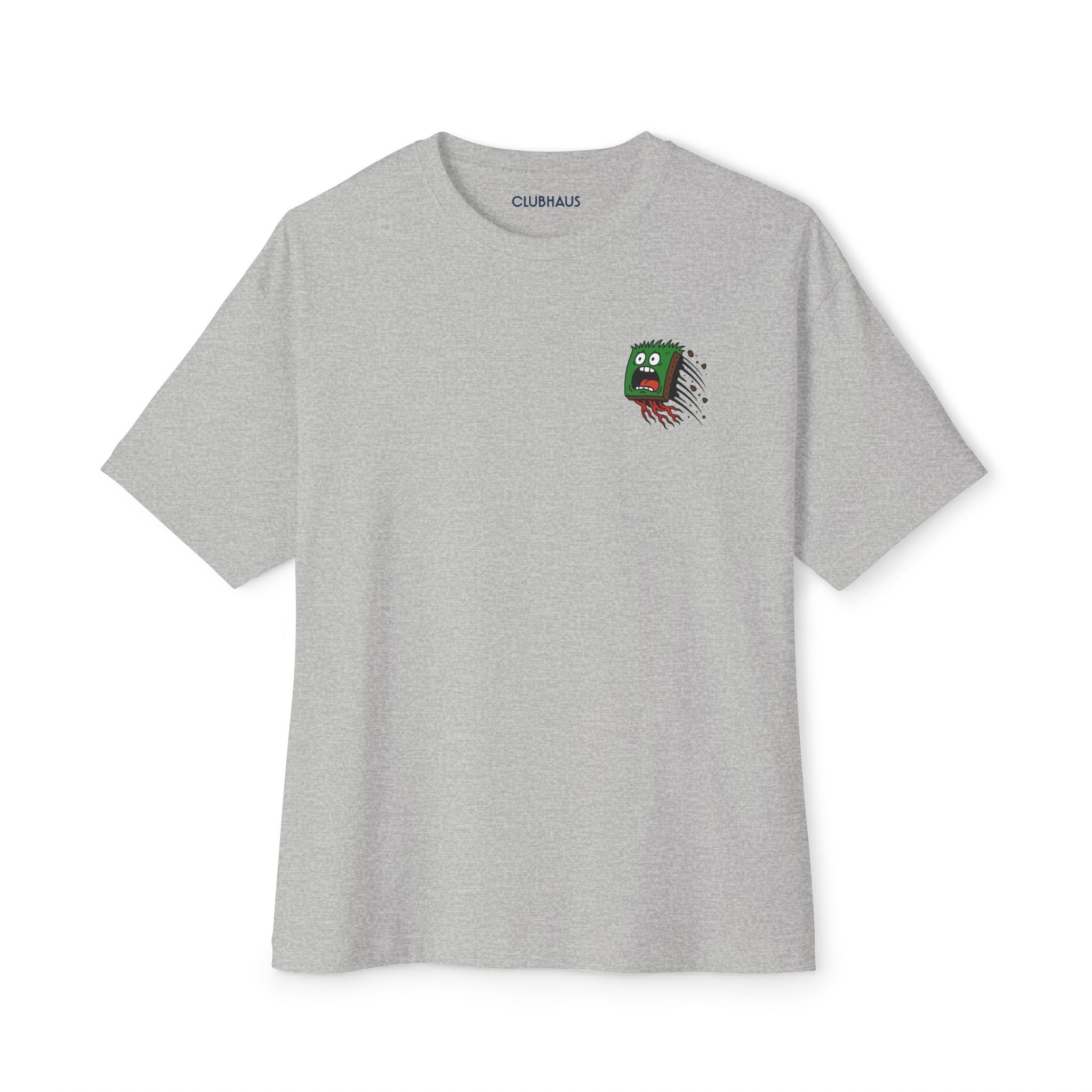 Gray t-shirt with a small graphic on the chest against a white background