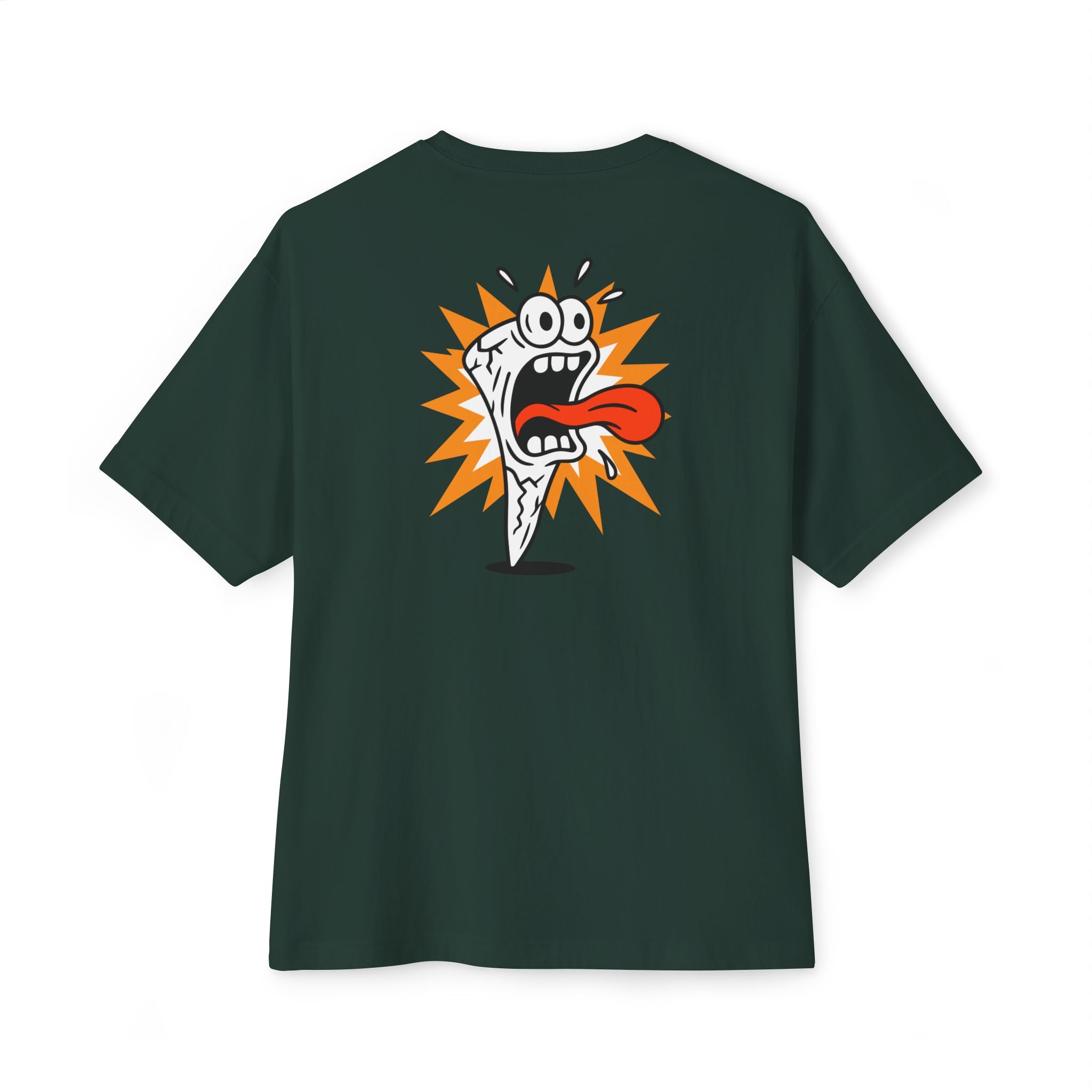 Dark green t-shirt with a graphic design on the back against a white background