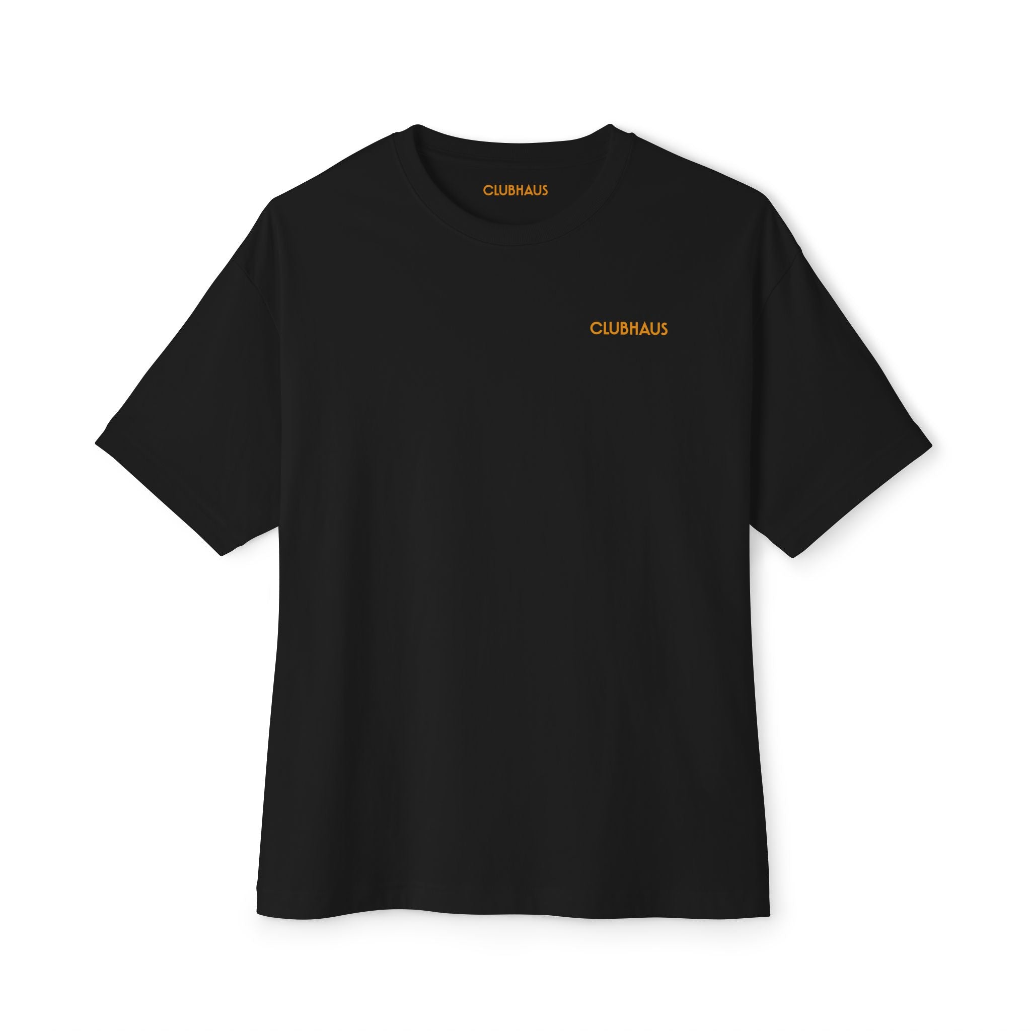 Black t-shirt with 'CLUBHAUS' logo on a white background