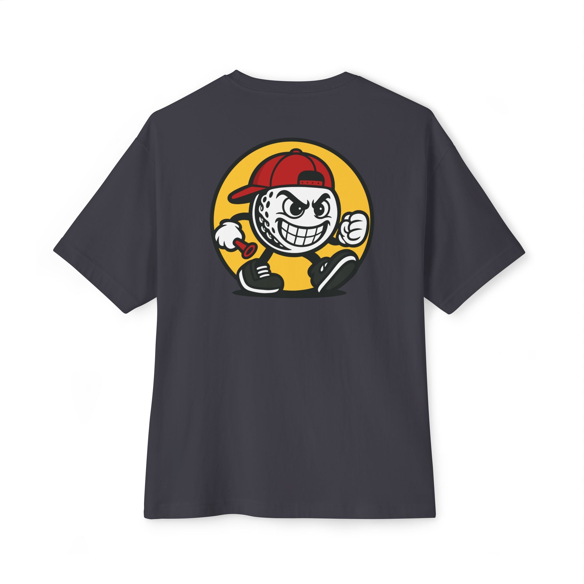 Black t-shirt with a cartoon character on the back against a white background