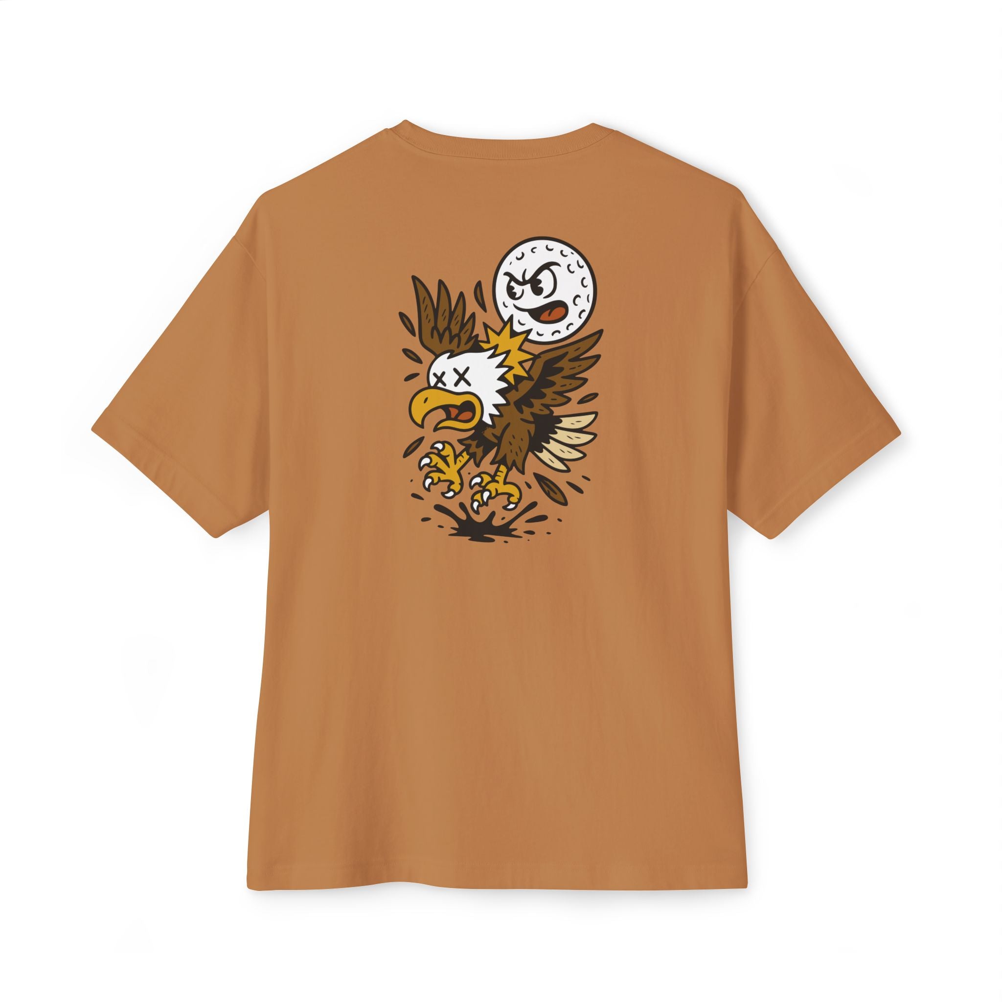 Brown t-shirt with a graphic design of an eagle and a moon on the back, on a white background.