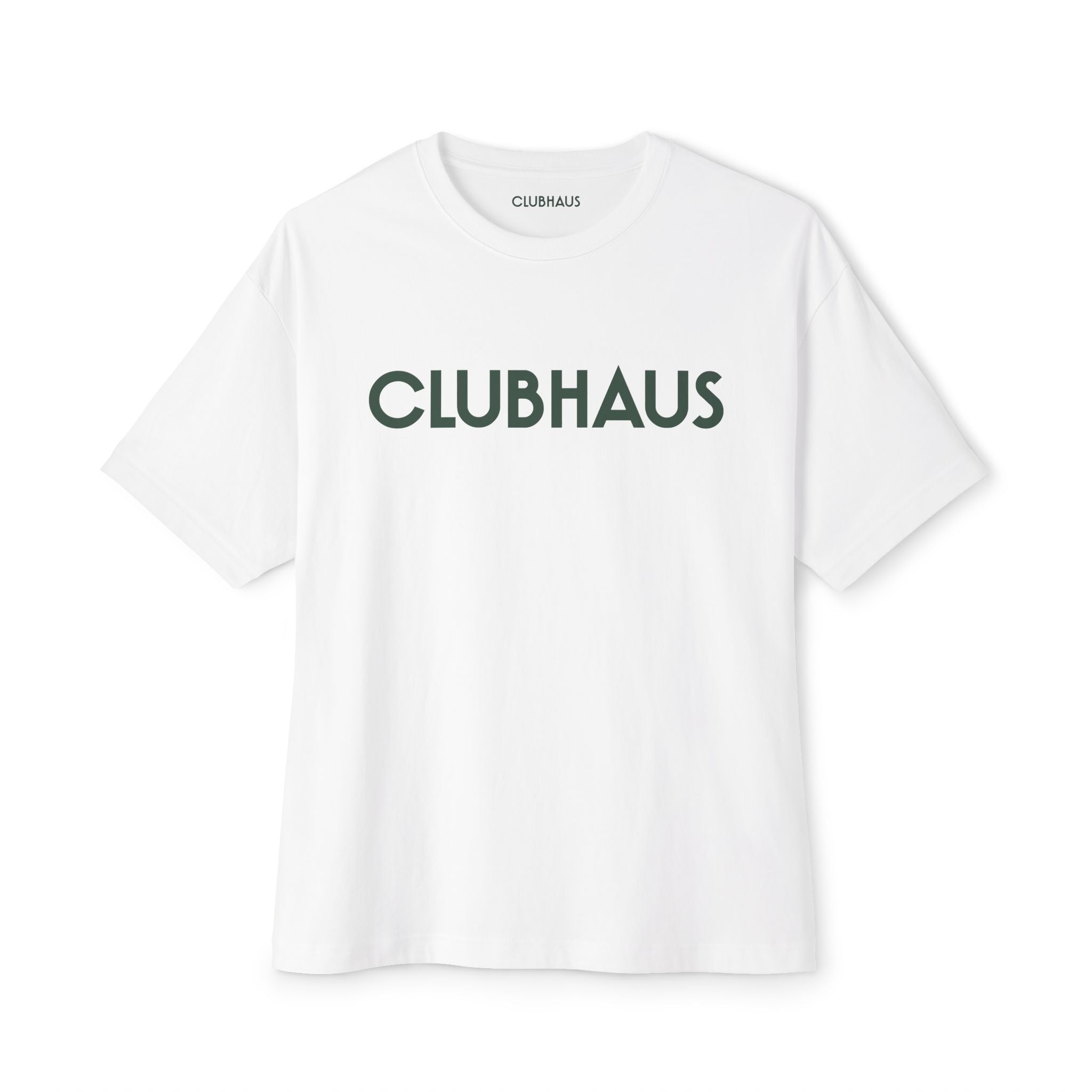 White t-shirt with 'CLUBHAUS' logo on a white background