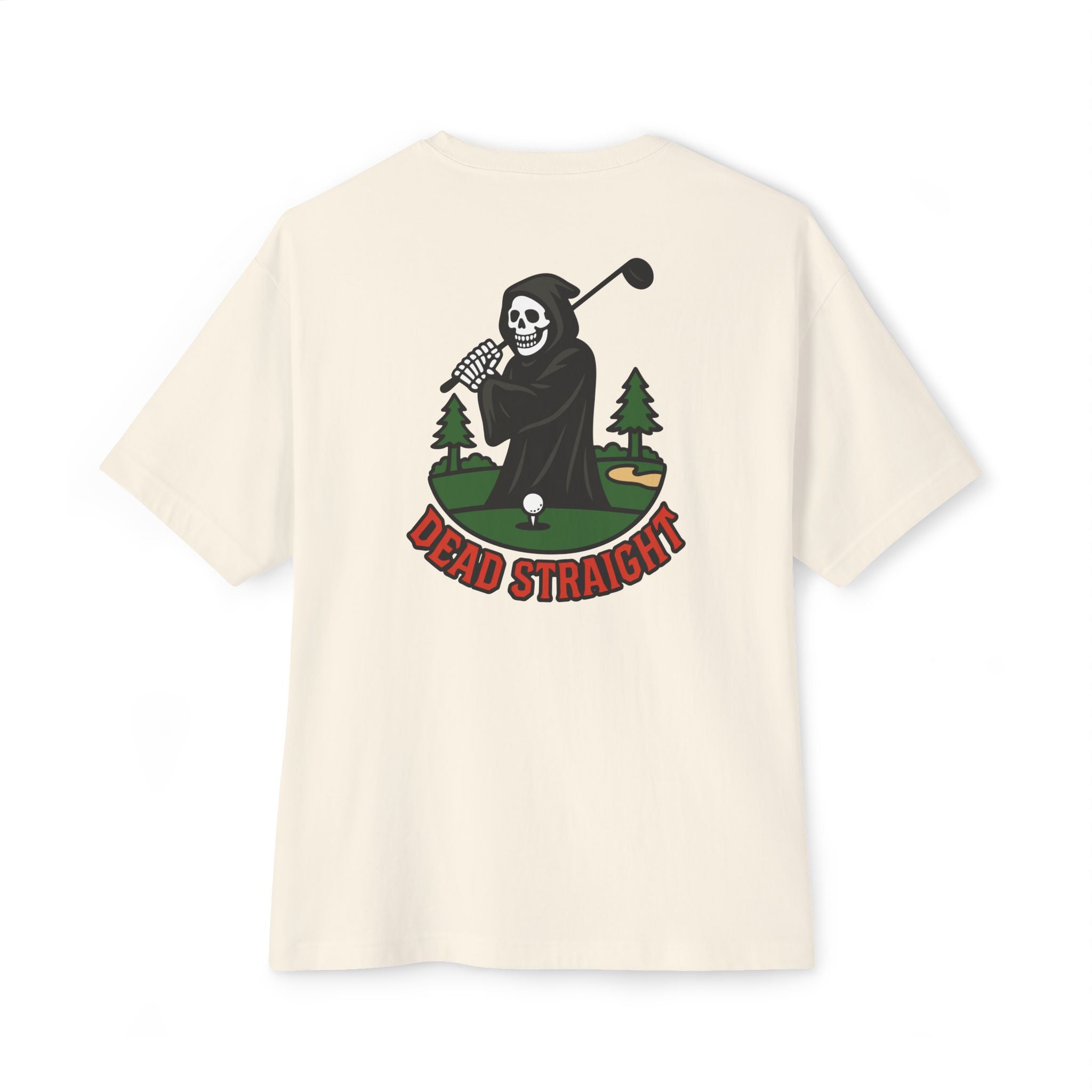 Beige t-shirt with a graphic of a skeleton golfing and 'Dead Straight' text on a white background