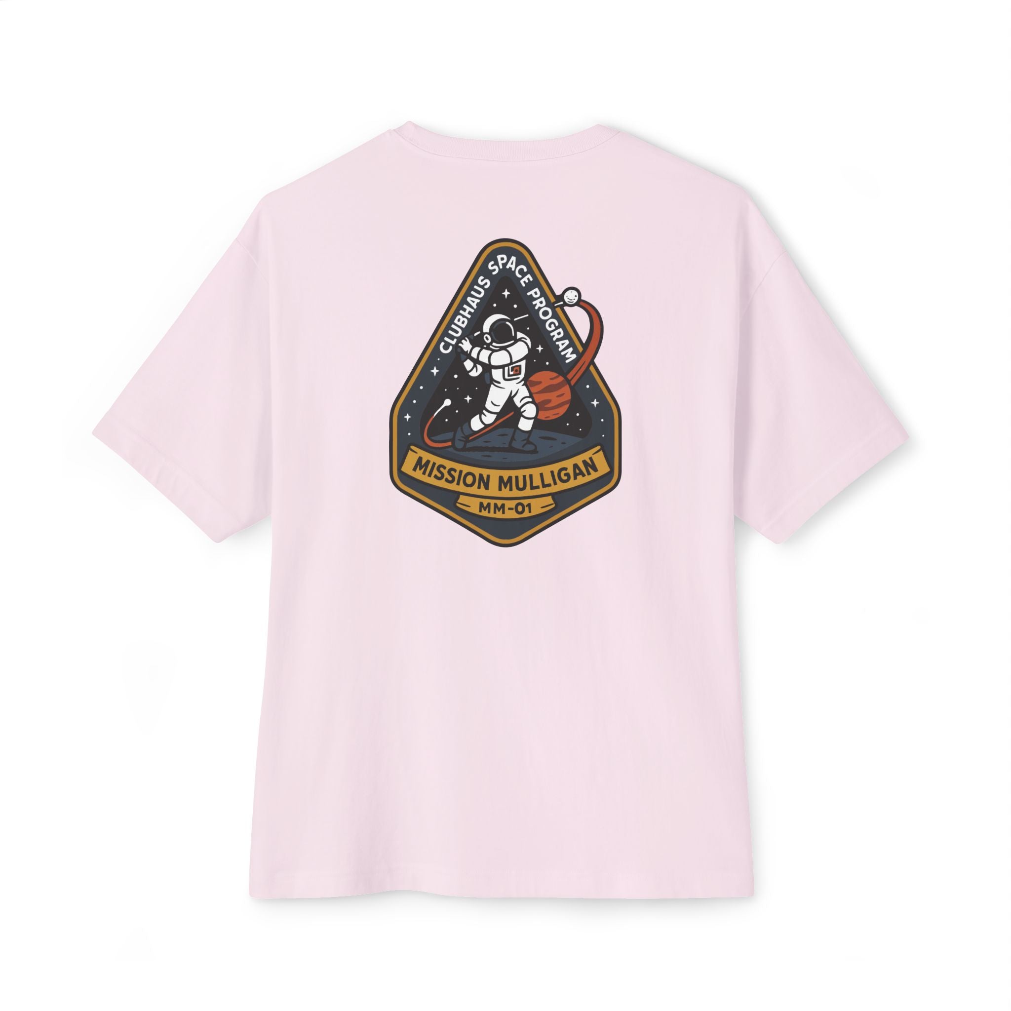 Pink t-shirt with a space-themed patch on the back against a white background